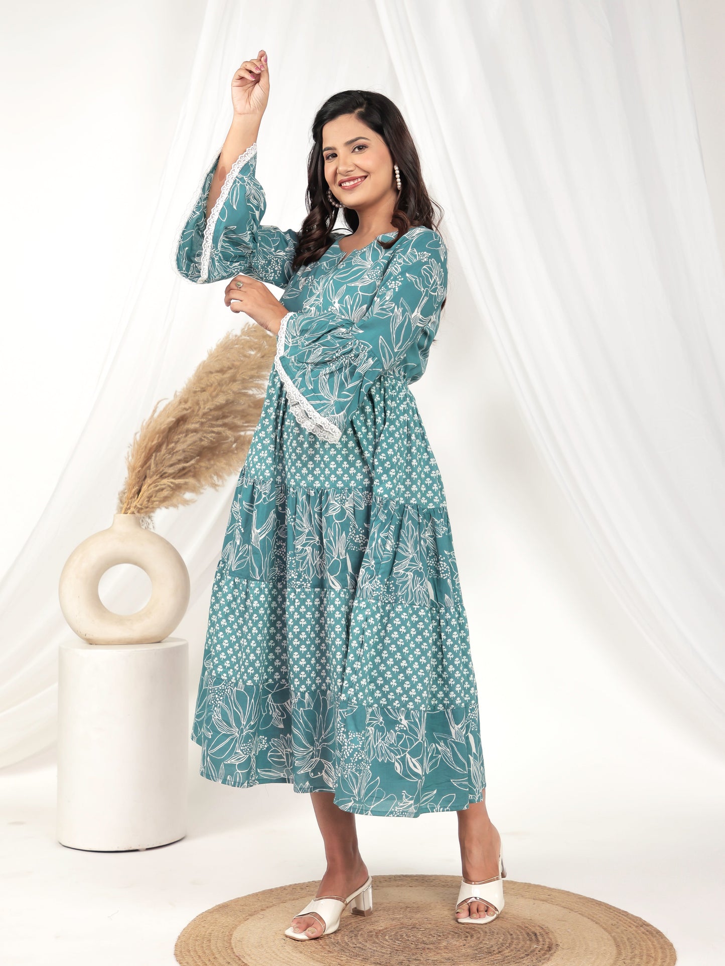 Soft Cotton Floral Flared Blue Dress