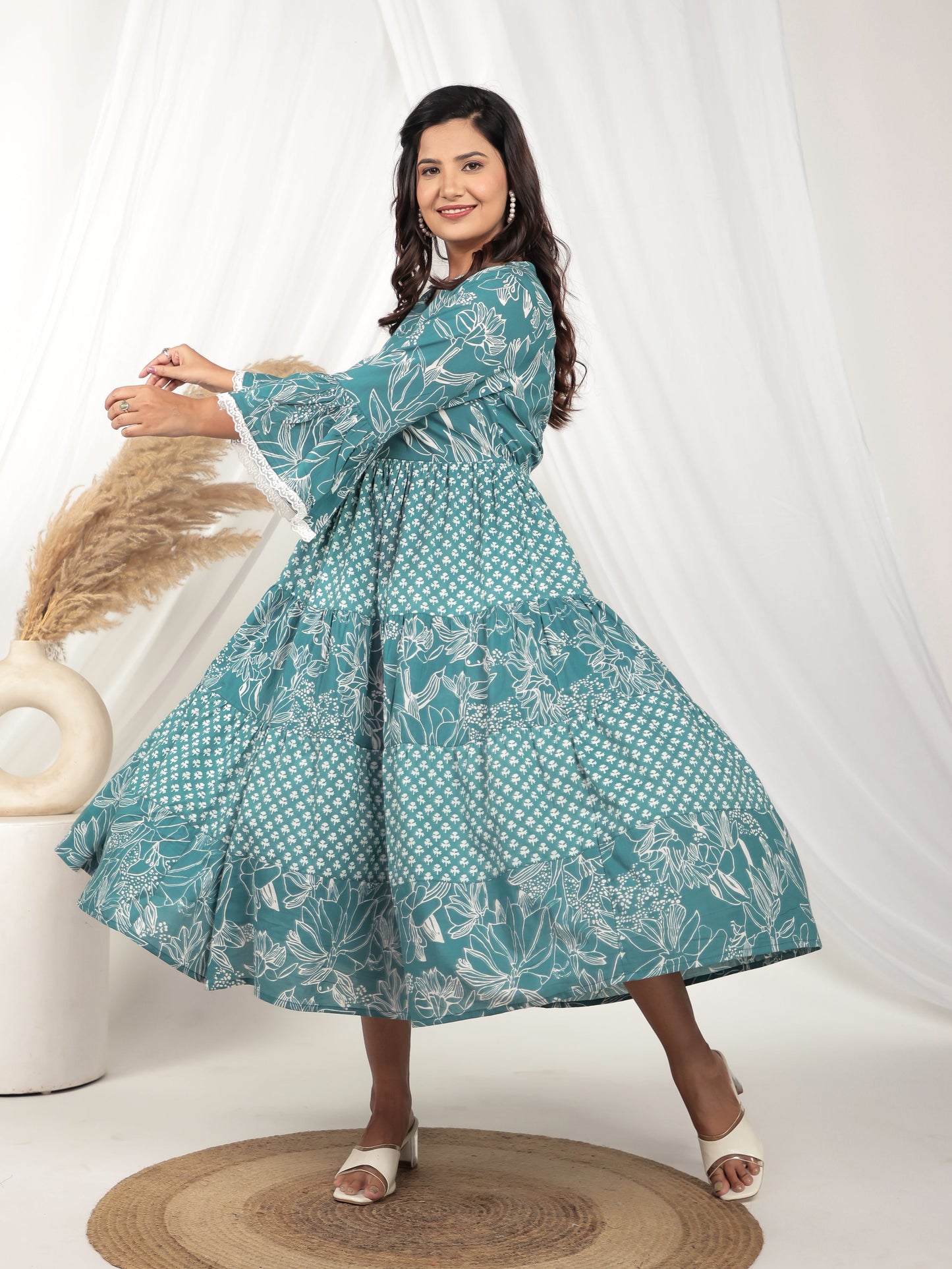 Soft Cotton Floral Flared Blue Dress