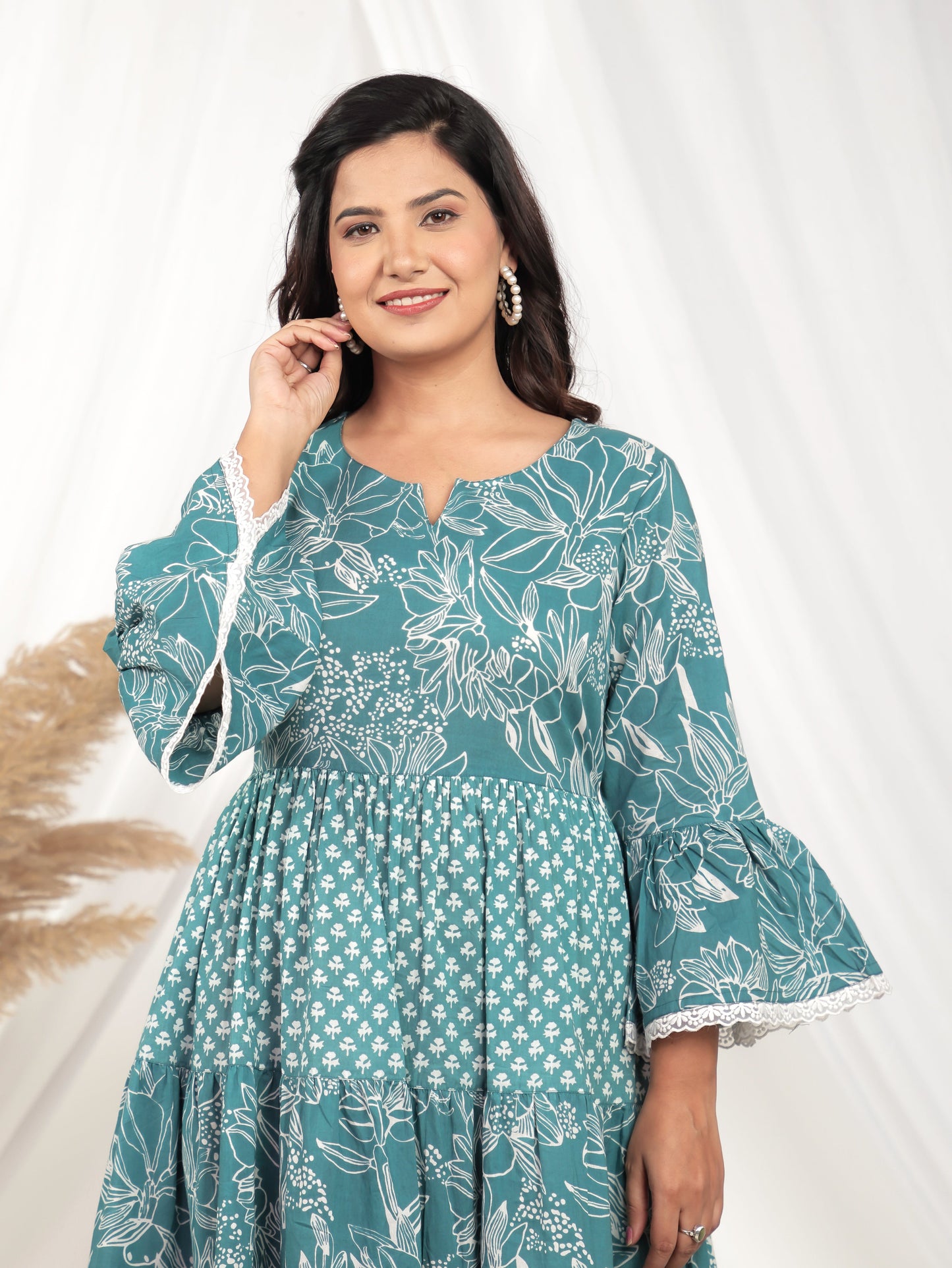 Soft Cotton Floral Flared Blue Dress