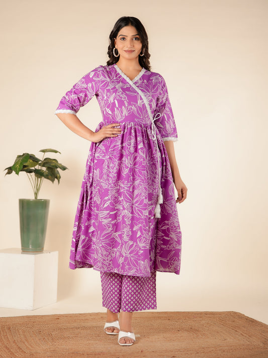 Soft Cotton Floral Angrakha Purple Kurta