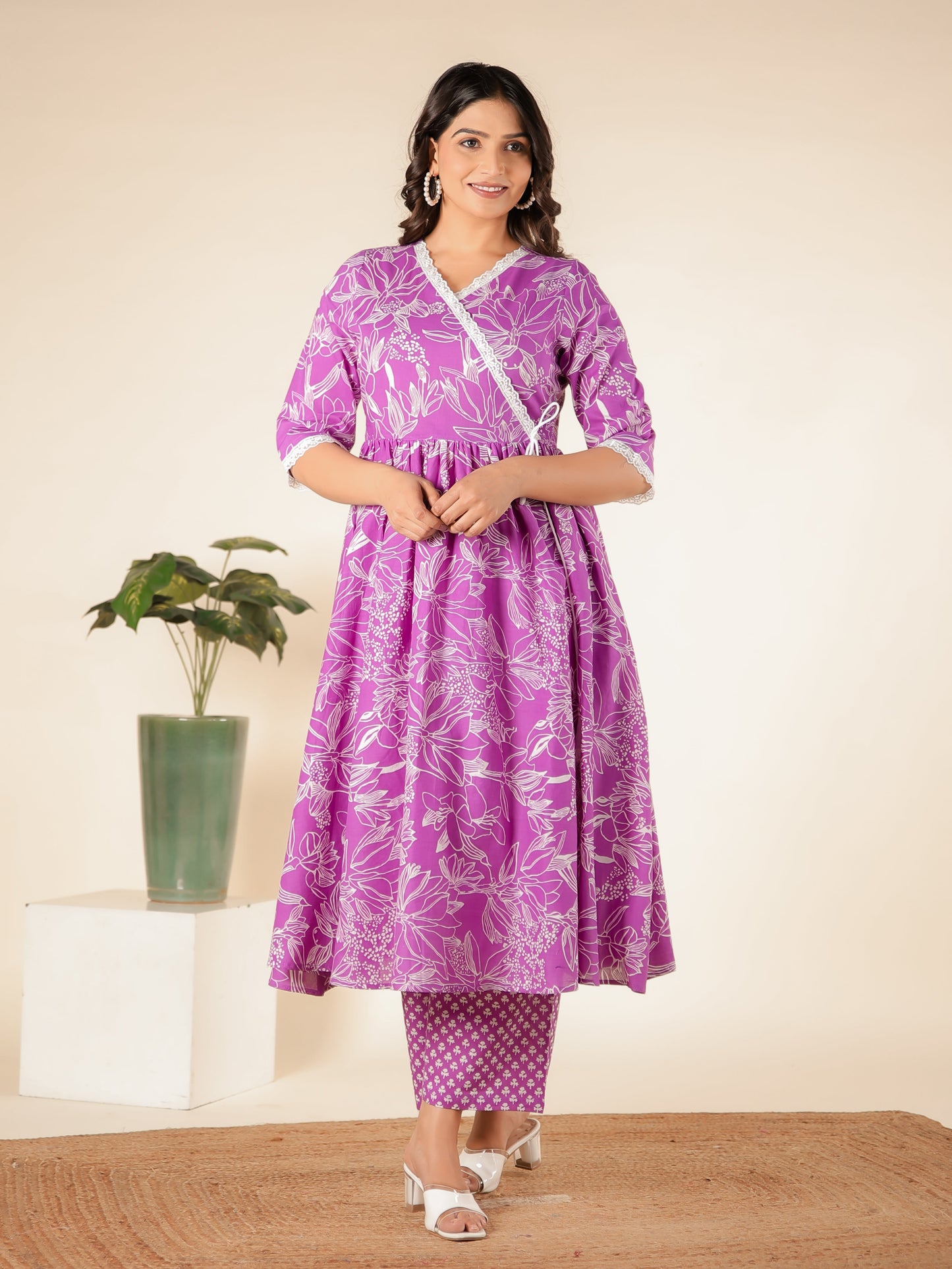 Soft Cotton Floral Angrakha Purple Kurta