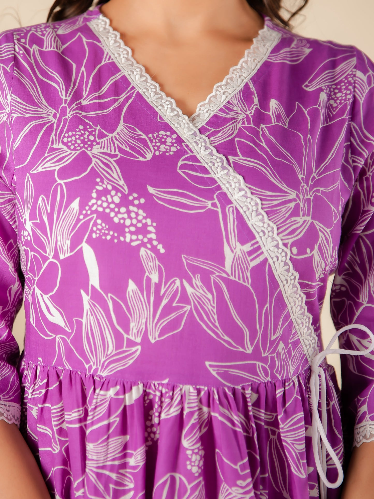 Soft Cotton Floral Angrakha Purple Kurta
