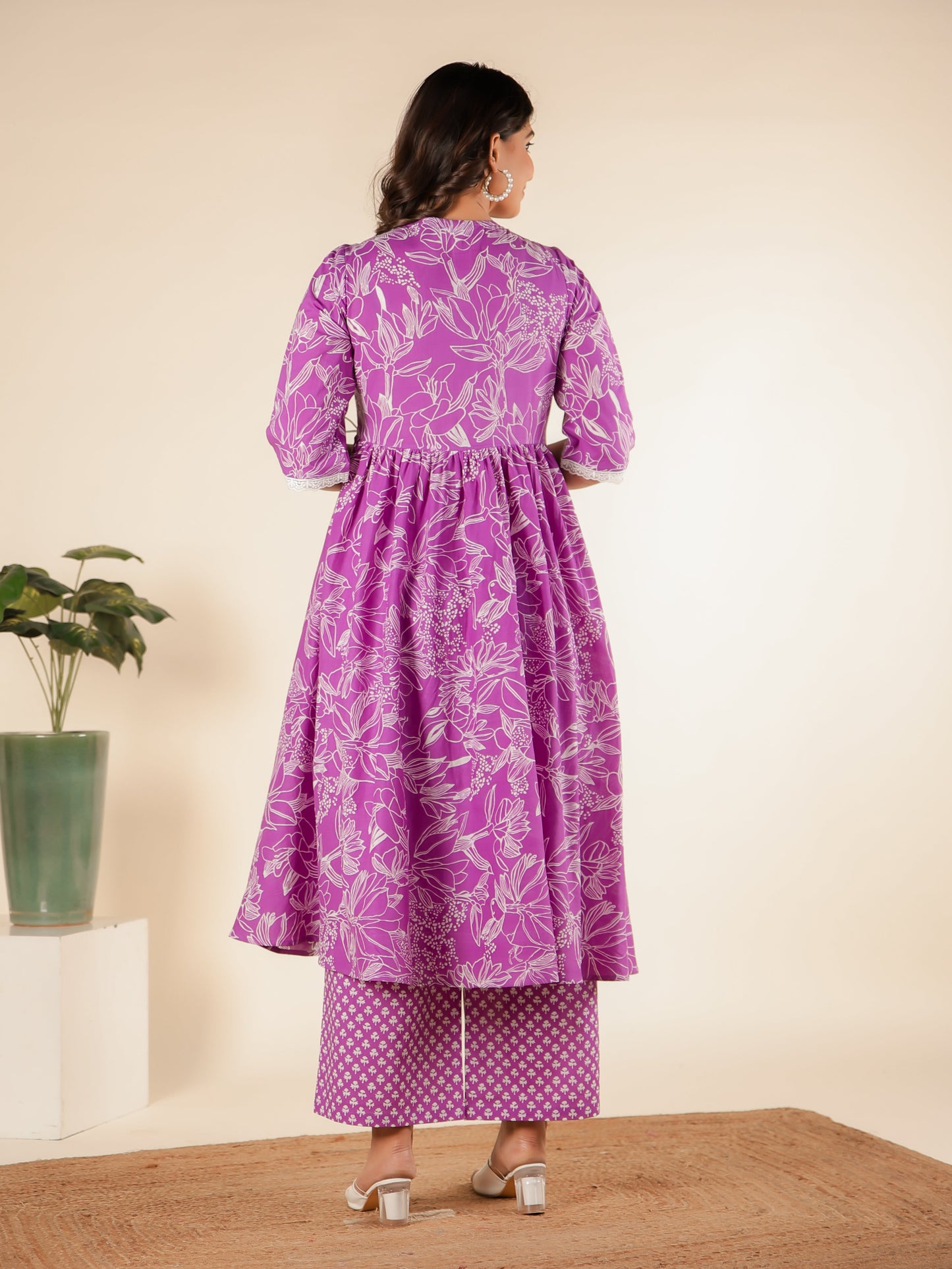 Soft Cotton Floral Angrakha Purple Kurta