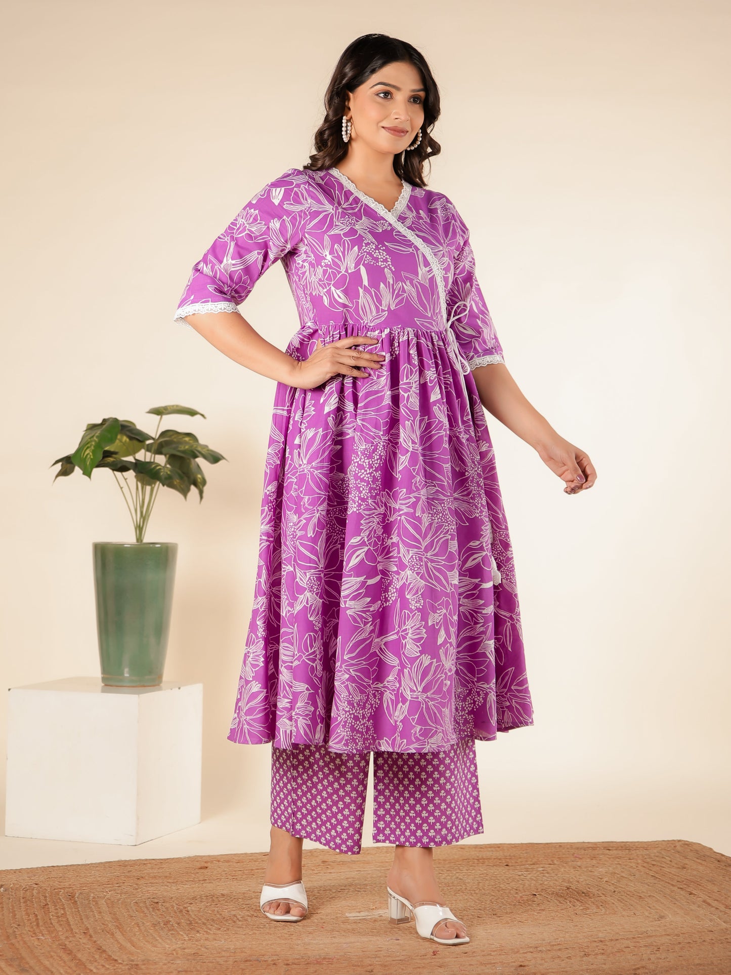 Soft Cotton Floral Angrakha Purple Kurta