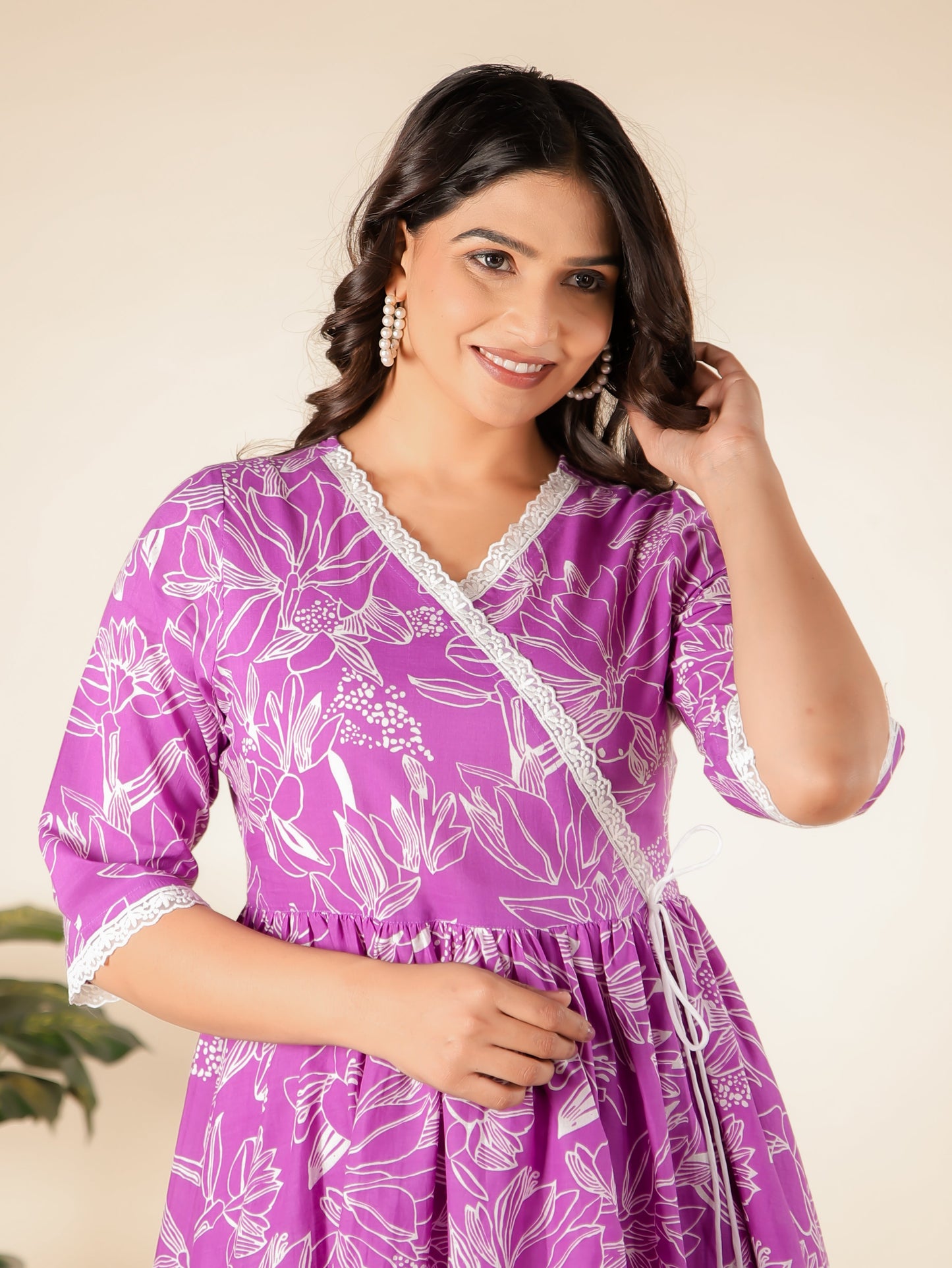 Soft Cotton Floral Angrakha Purple Kurta