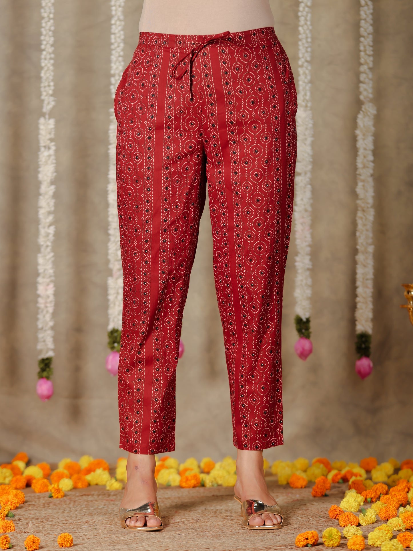 Soft Cotton Bandhani Red Tapered Trousers