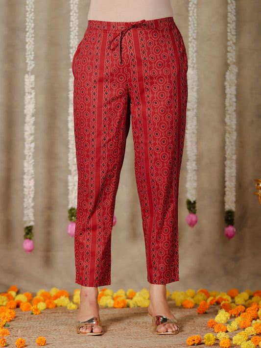 Soft Cotton Bandhani Red Tapered Trousers