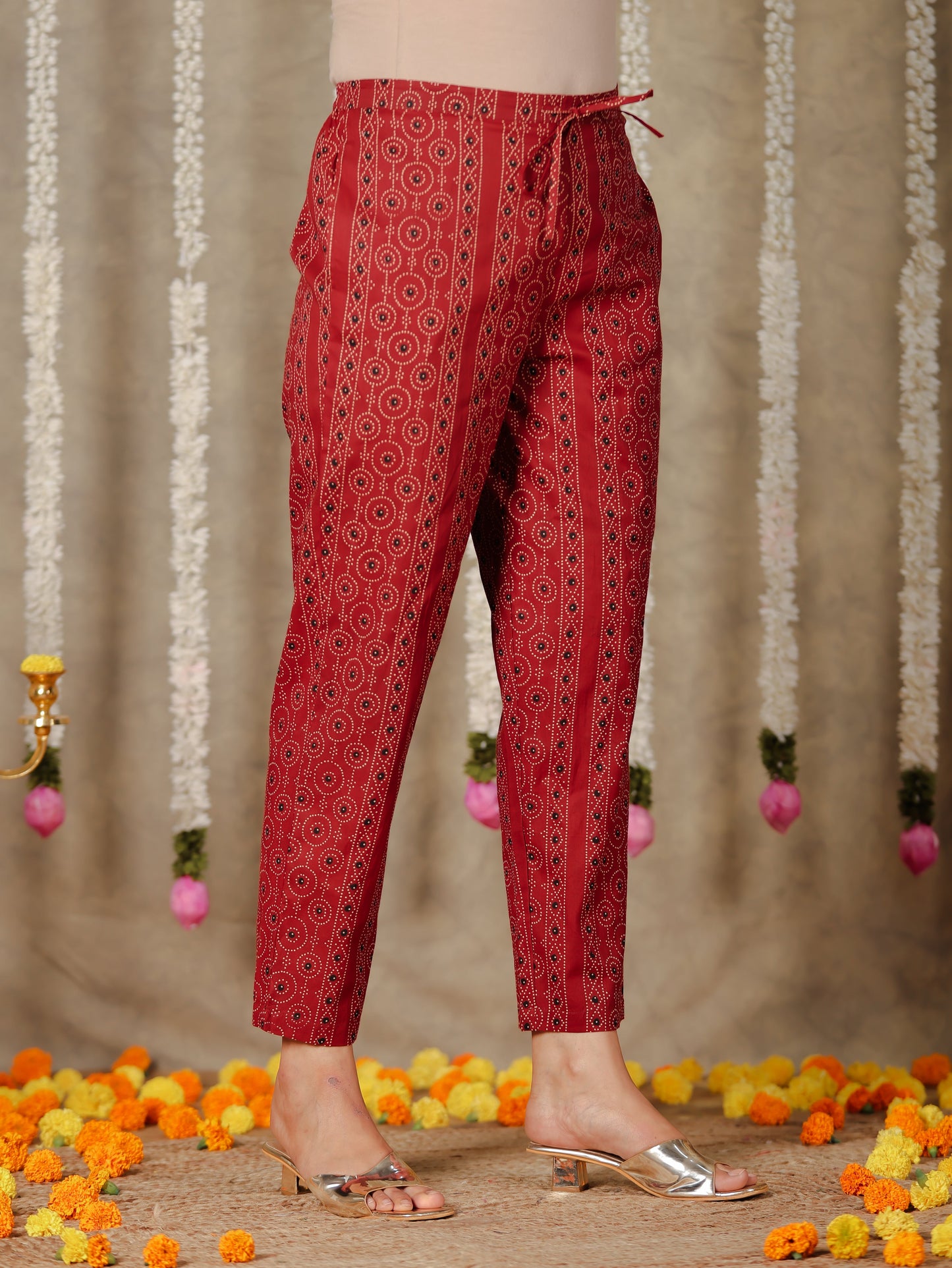 Soft Cotton Bandhani Red Tapered Trousers