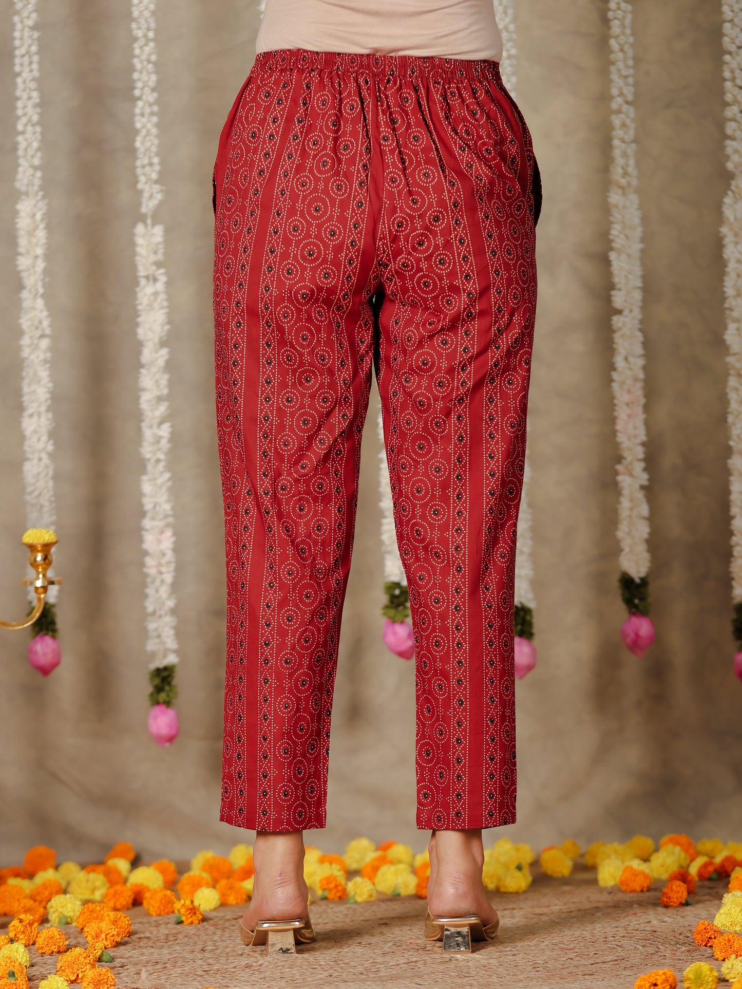 Soft Cotton Bandhani Red Tapered Trousers