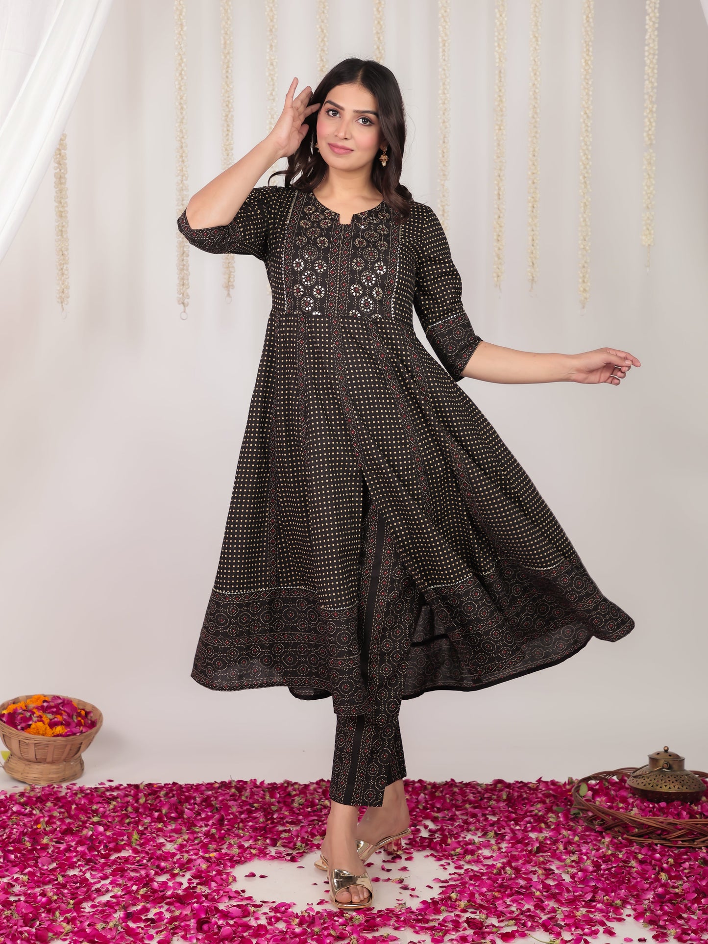 Embroidered Soft Cotton Polka Anarkali Black Kurta