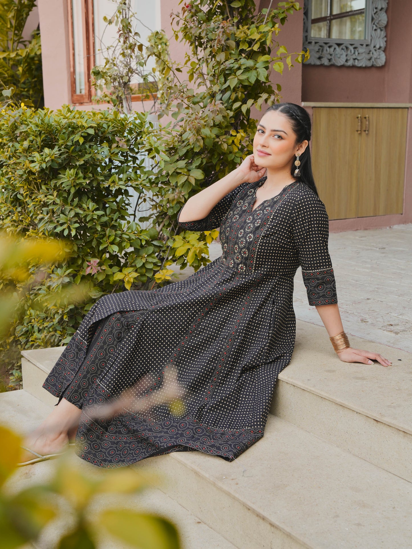 Embroidered Soft Cotton Polka Anarkali Black Kurta