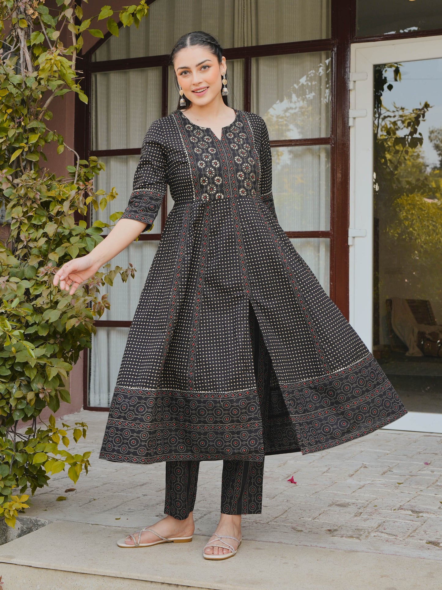 Embroidered Soft Cotton Polka Anarkali Black Kurta