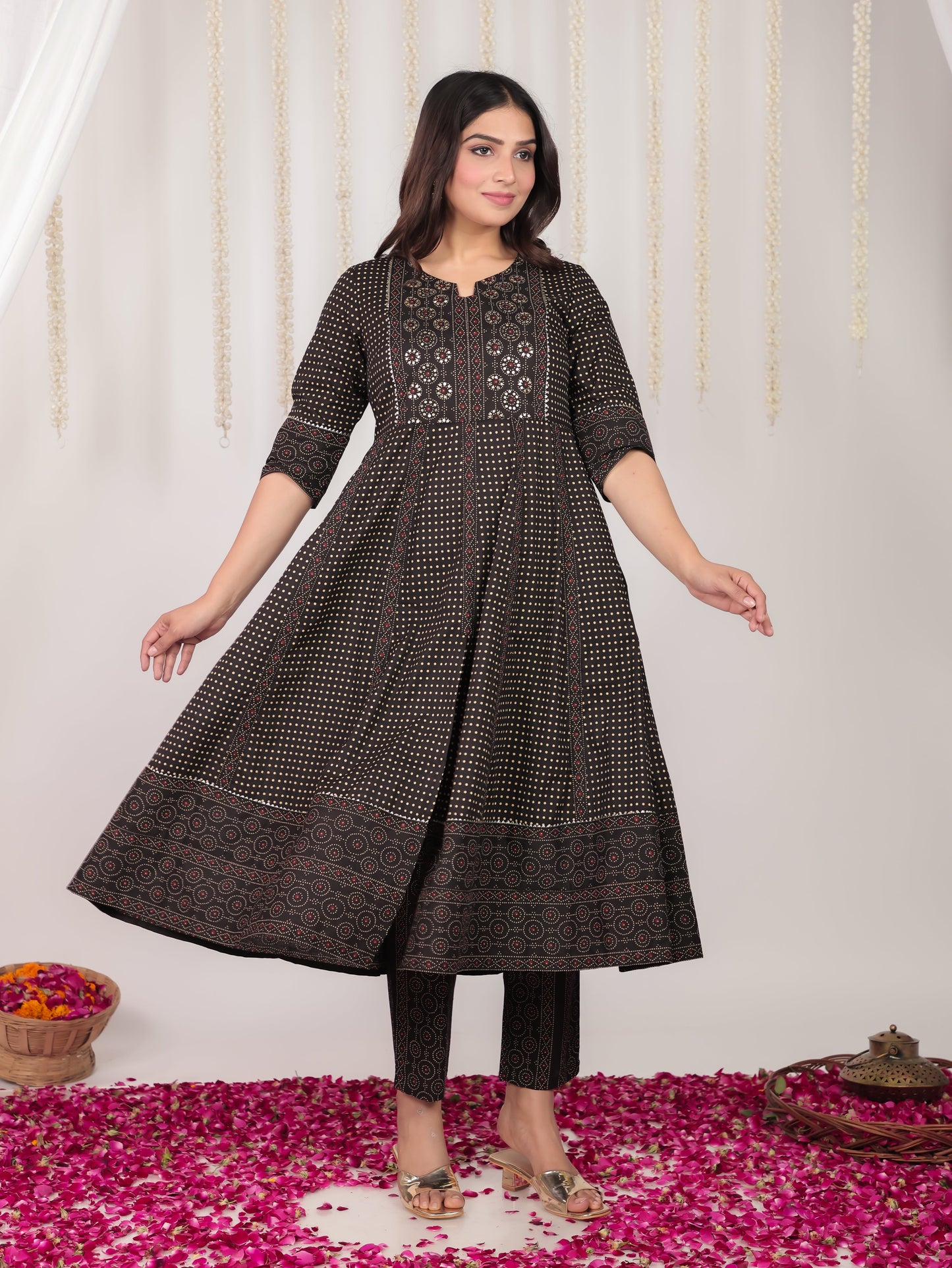 Embroidered Soft Cotton Polka Anarkali Black Kurta