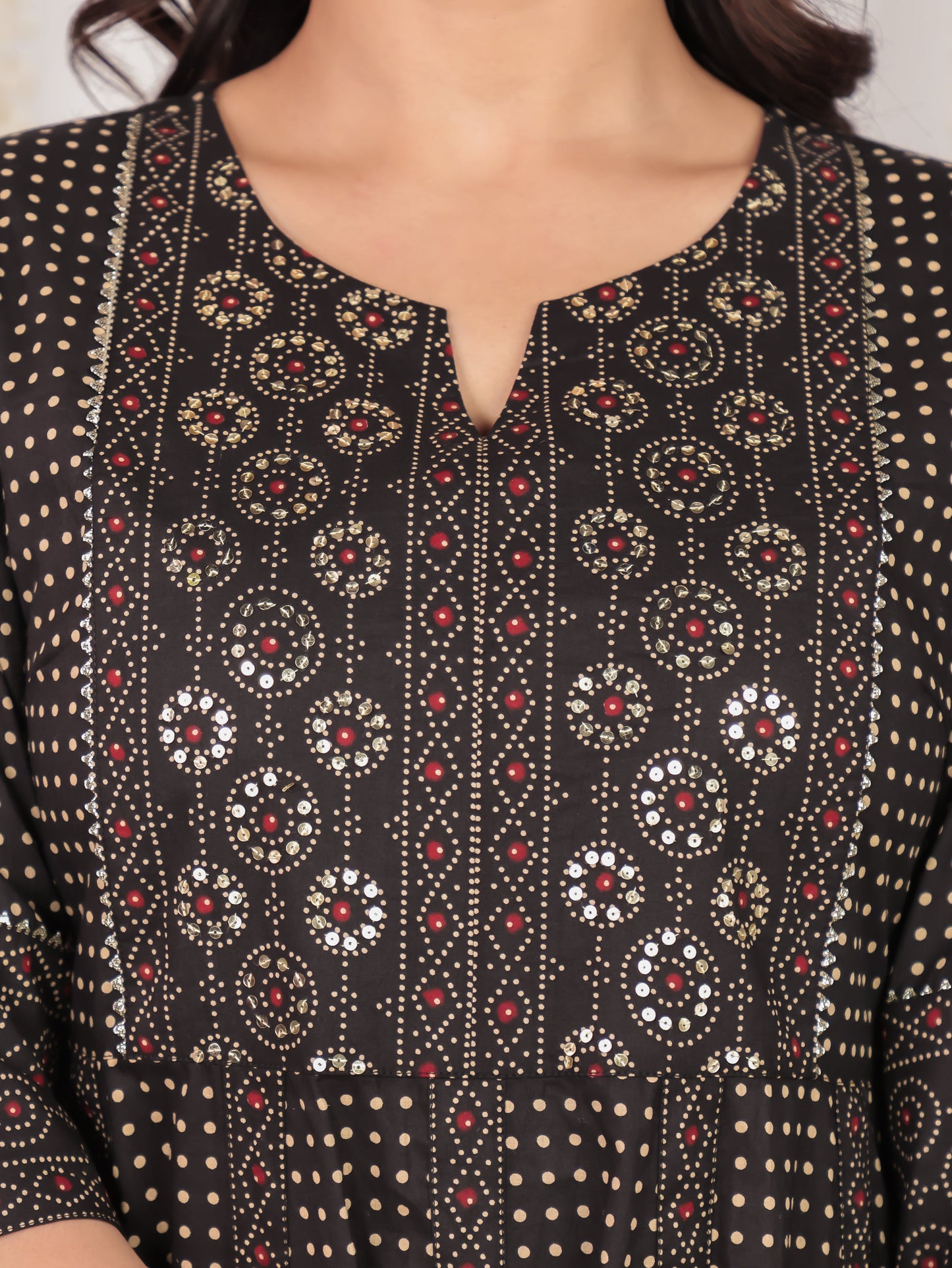 Embroidered Soft Cotton Polka Anarkali Black Kurta