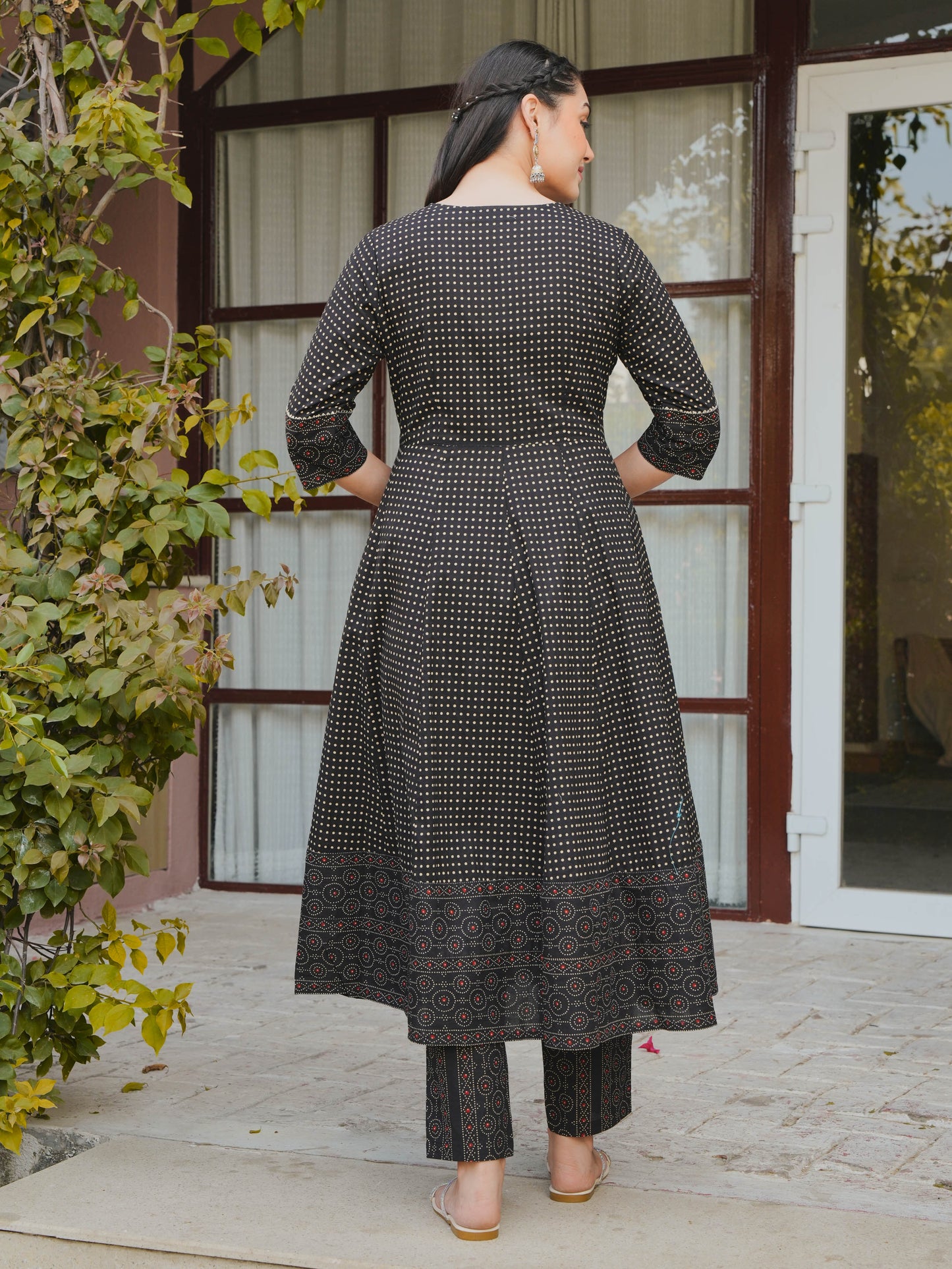 Embroidered Soft Cotton Polka Anarkali Black Kurta