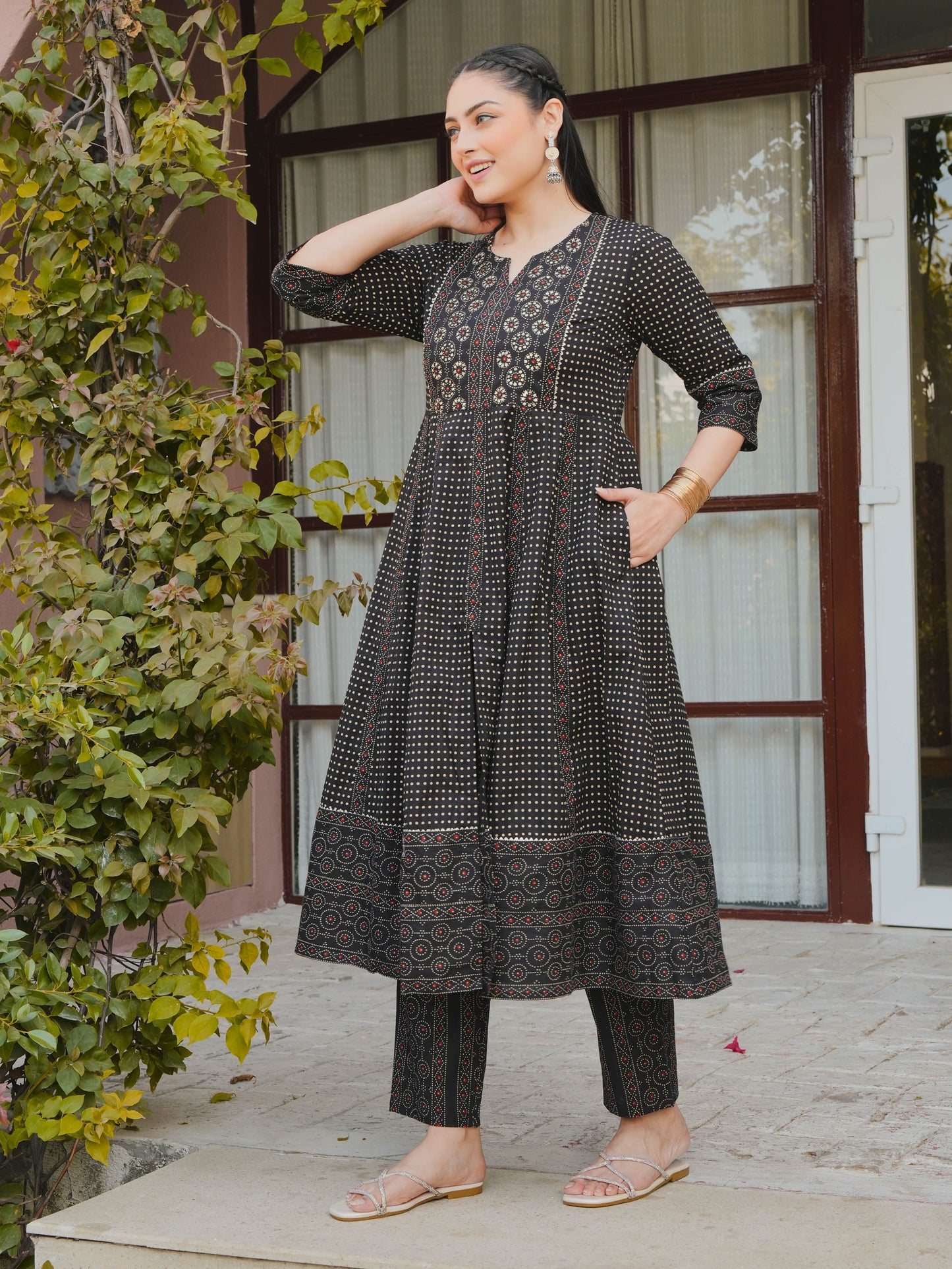 Embroidered Soft Cotton Polka Anarkali Black Kurta