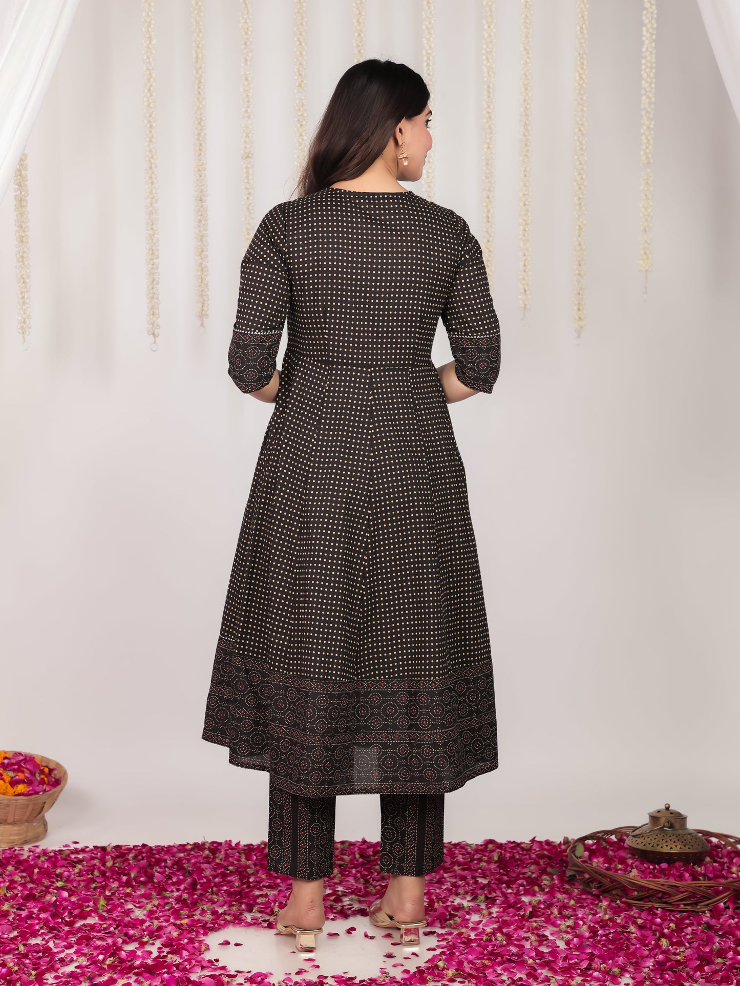 Embroidered Soft Cotton Polka Anarkali Black Kurta