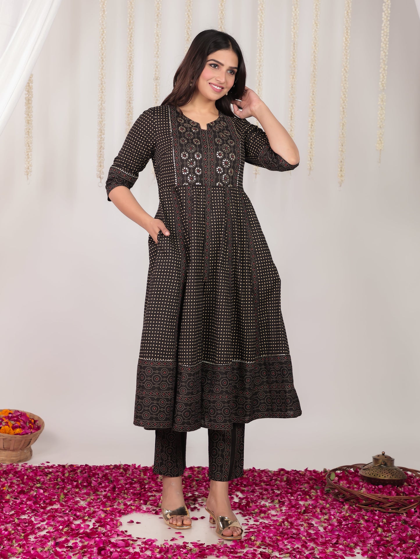 Embroidered Soft Cotton Polka Anarkali Black Kurta