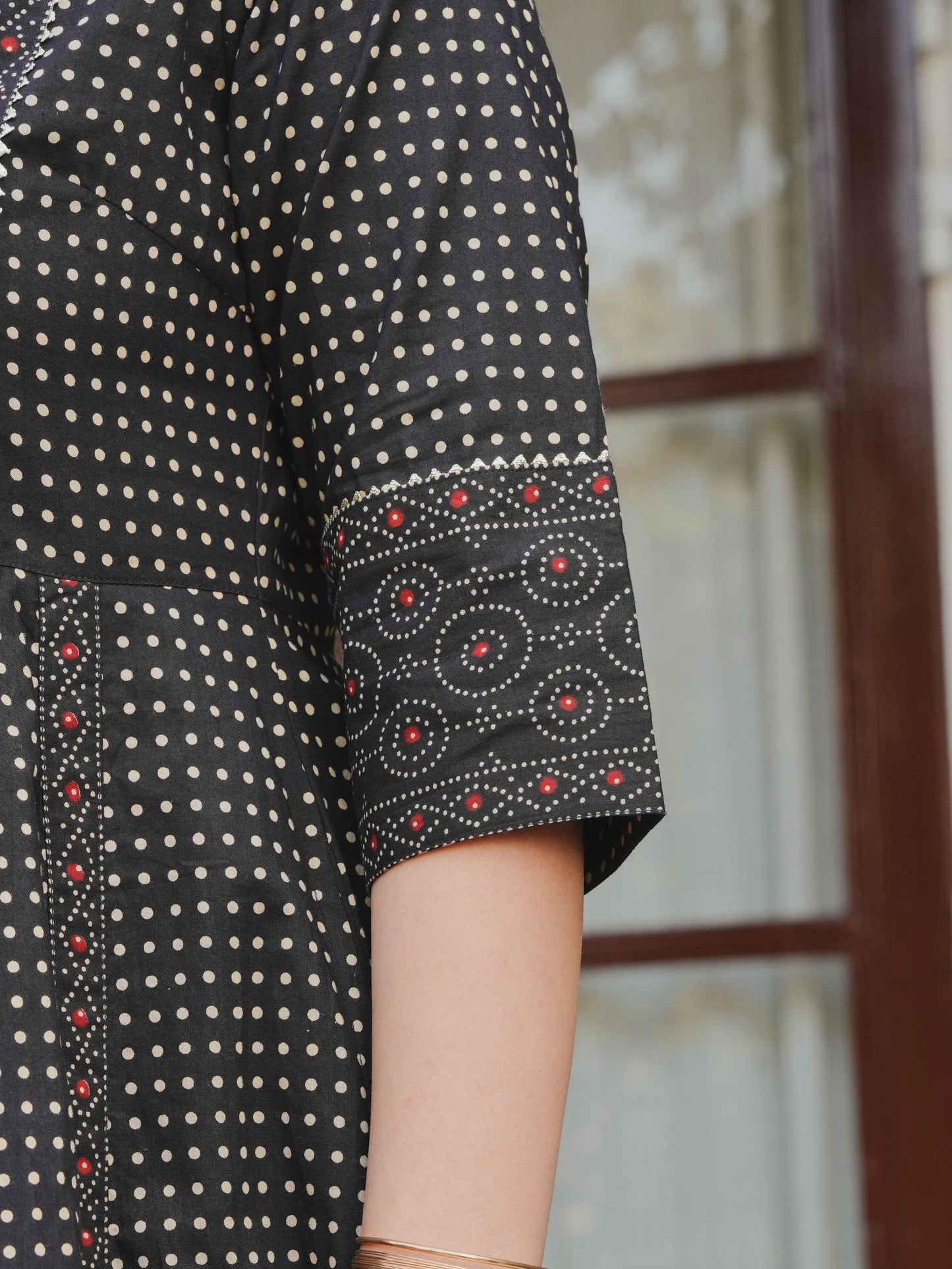 Embroidered Soft Cotton Polka Anarkali Black Kurta