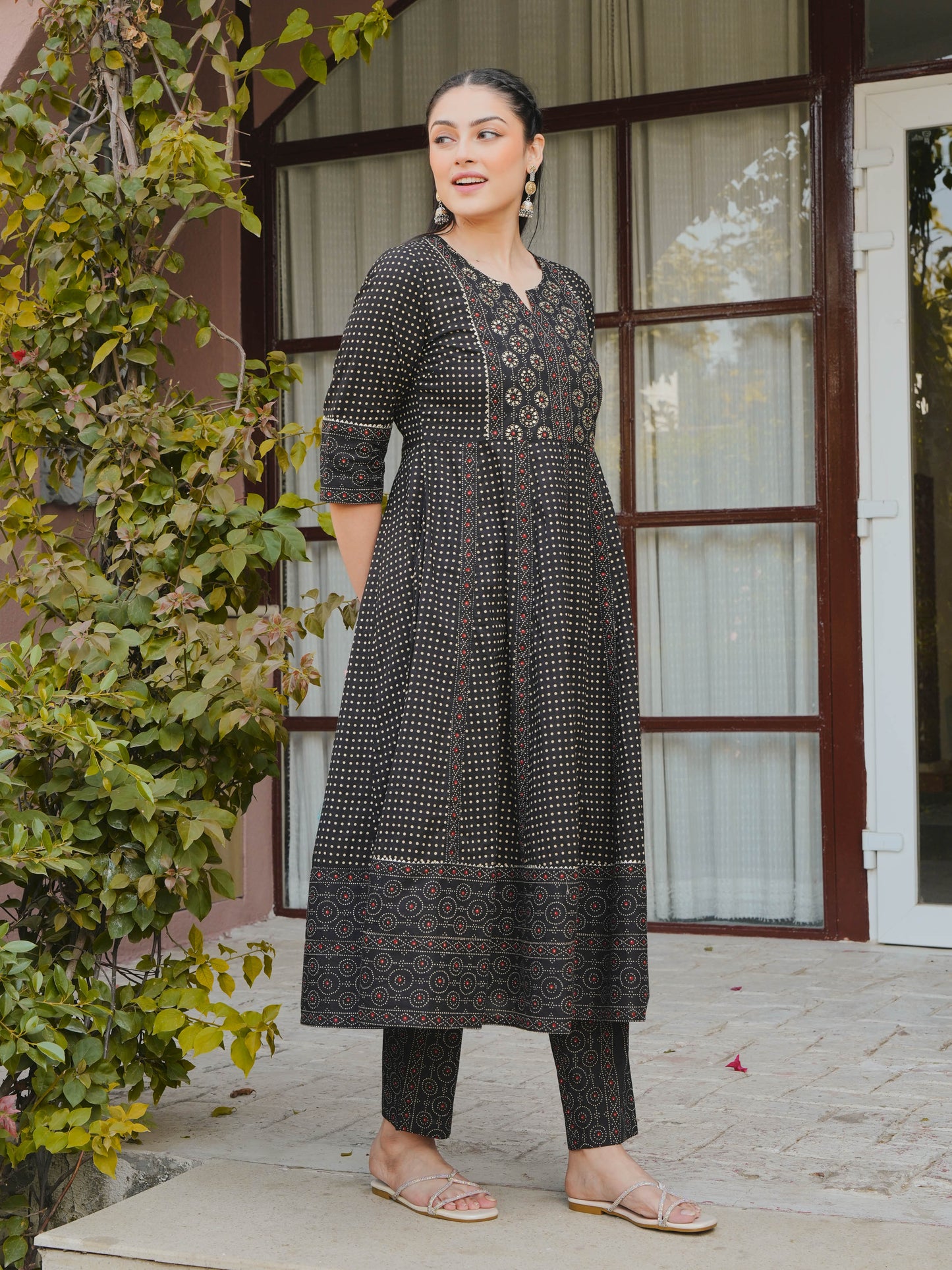Embroidered Soft Cotton Polka Anarkali Black Kurta