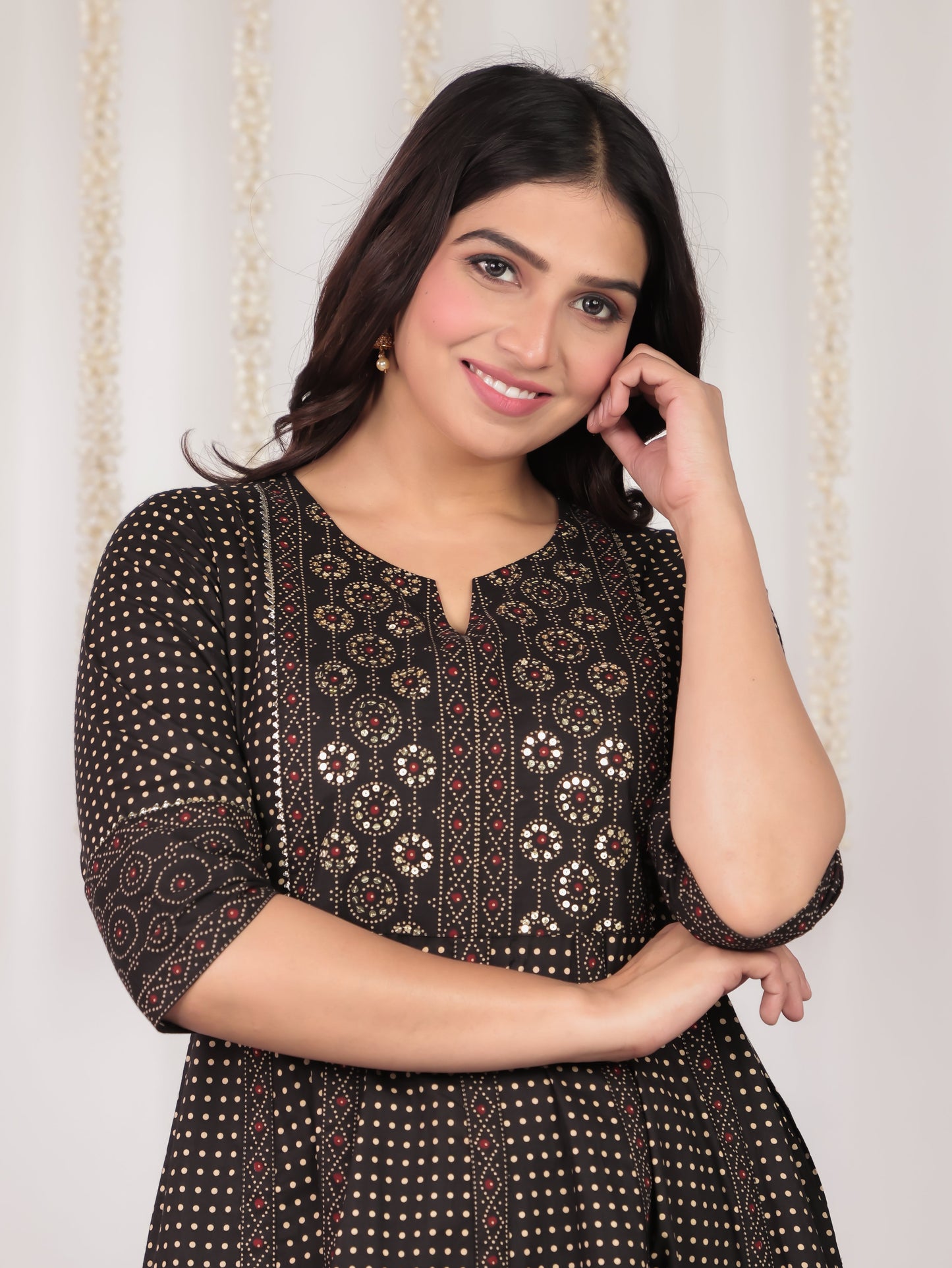 Embroidered Soft Cotton Polka Anarkali Black Kurta