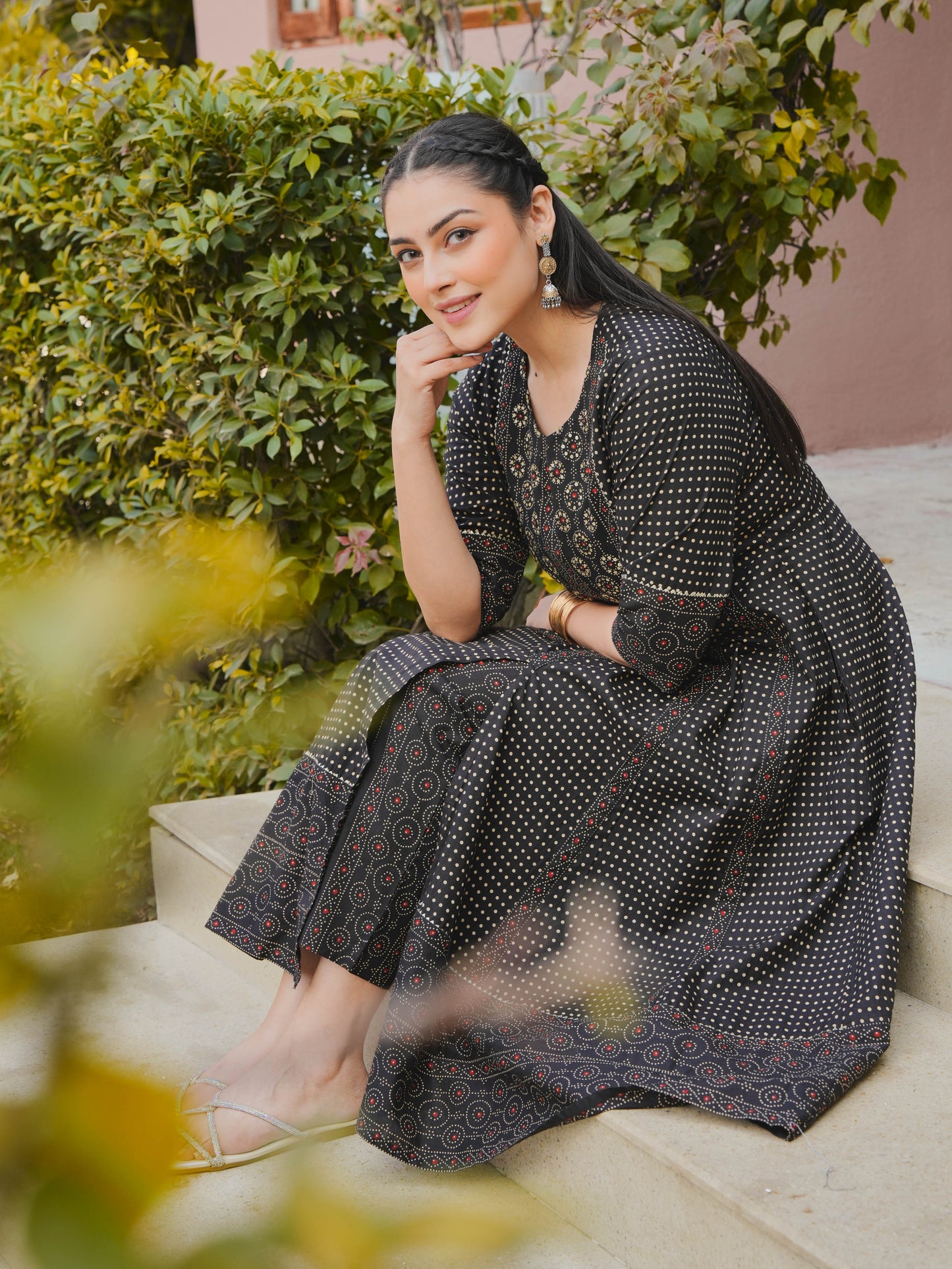 Embroidered Soft Cotton Polka Anarkali Black Kurta