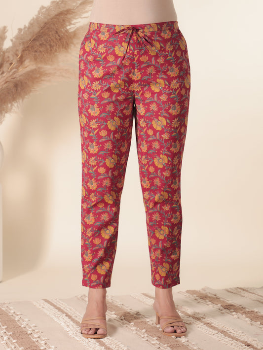 Soft Cotton Floral Red Tapered Trousers