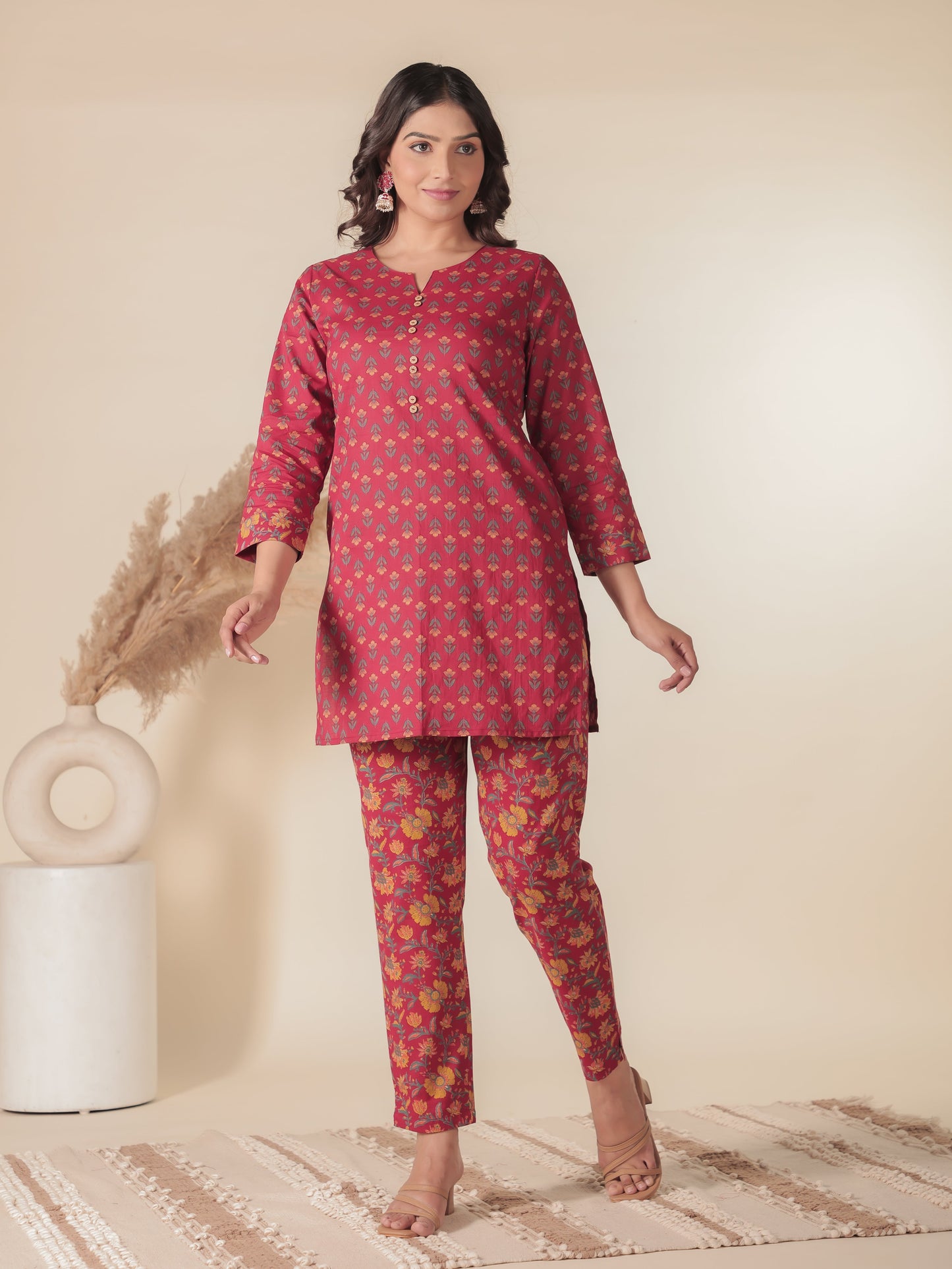 Soft Cotton Floral Straight Red Kurta