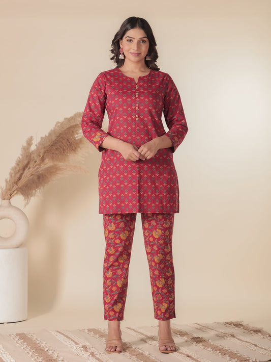 Soft Cotton Floral Straight Red Kurta
