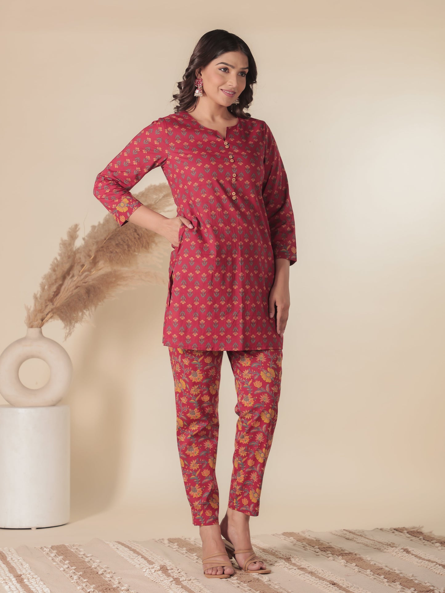 Soft Cotton Floral Straight Red Kurta