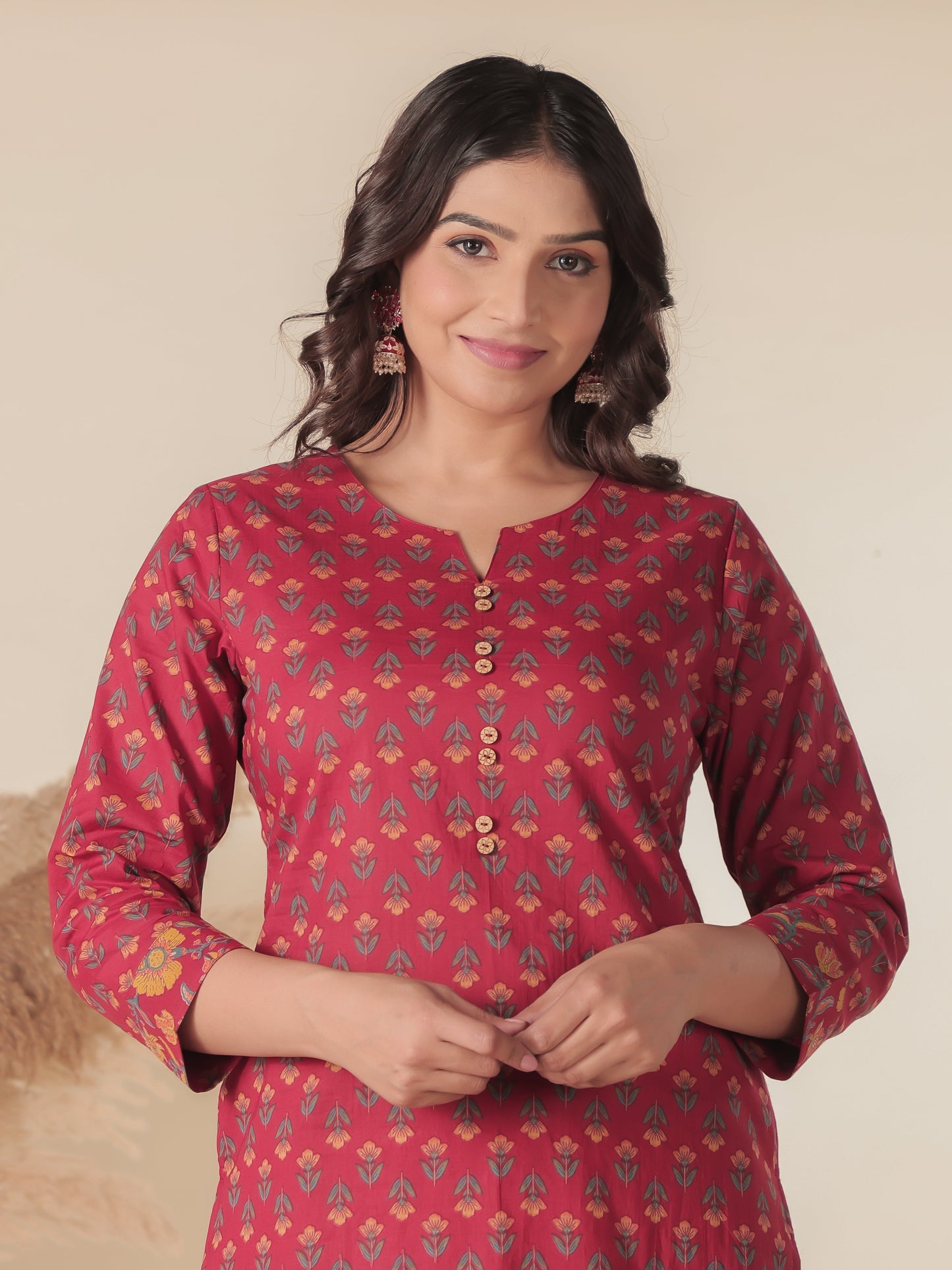 Soft Cotton Floral Straight Red Kurta
