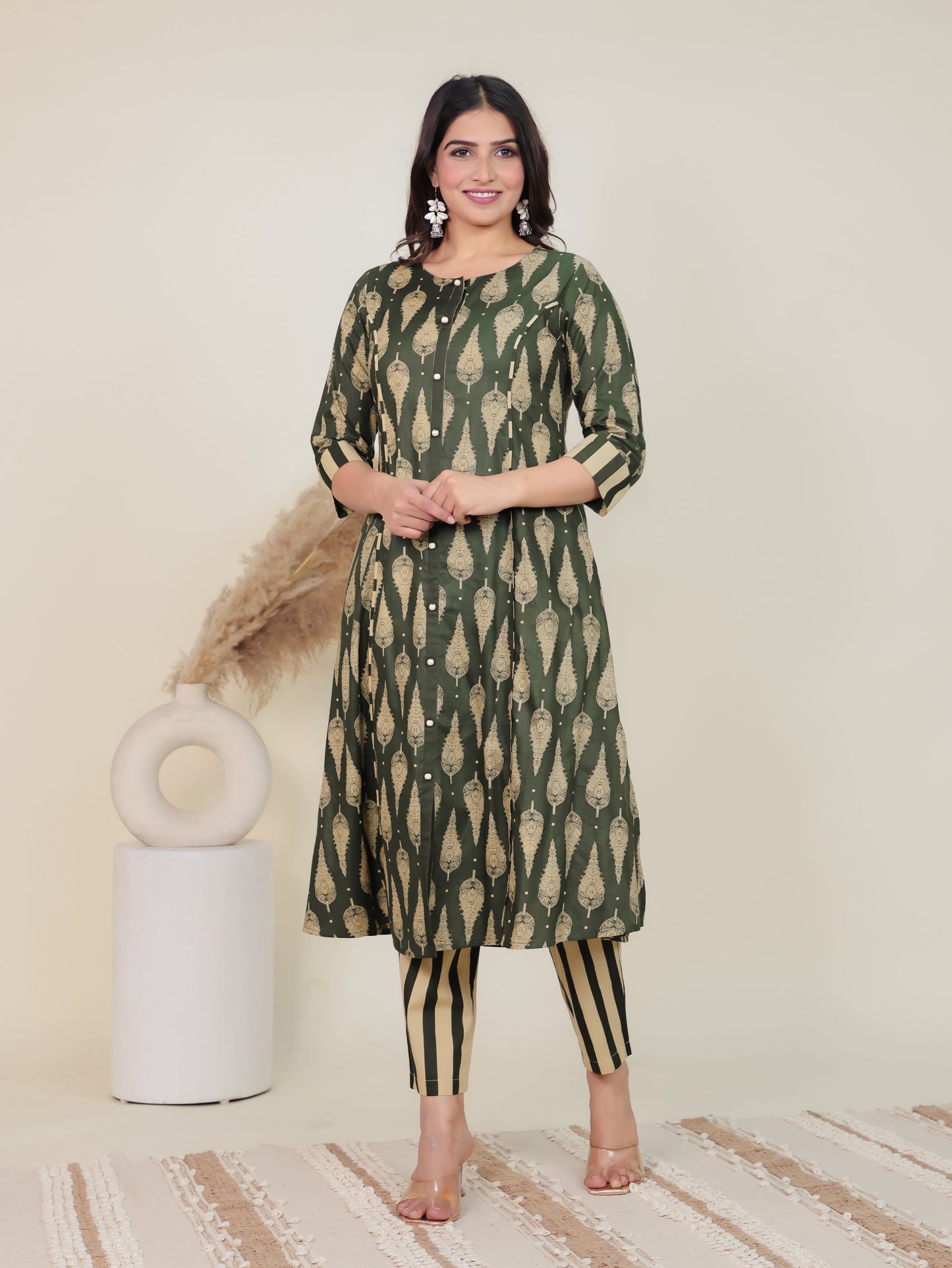 Soft Cotton Floral A-line Green Kurta