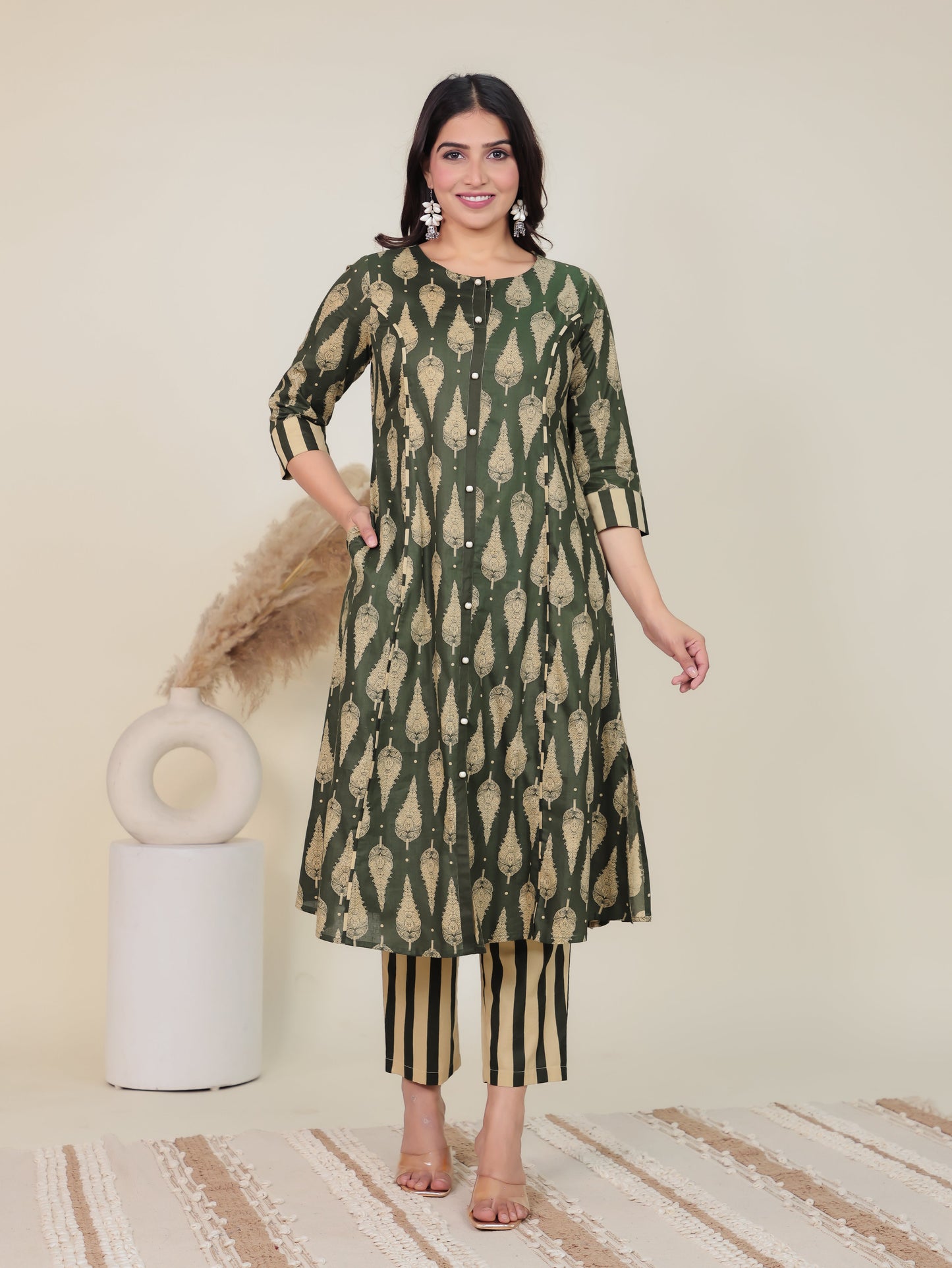 Soft Cotton Floral A-line Green Kurta