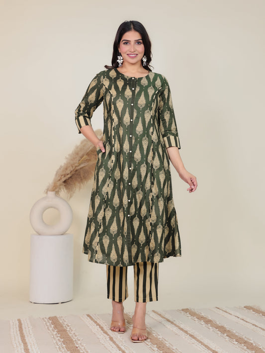Soft Cotton Floral A-line Green Kurta