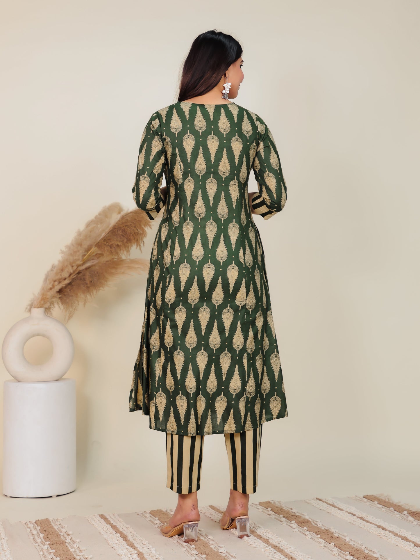 Soft Cotton Floral A-line Green Kurta