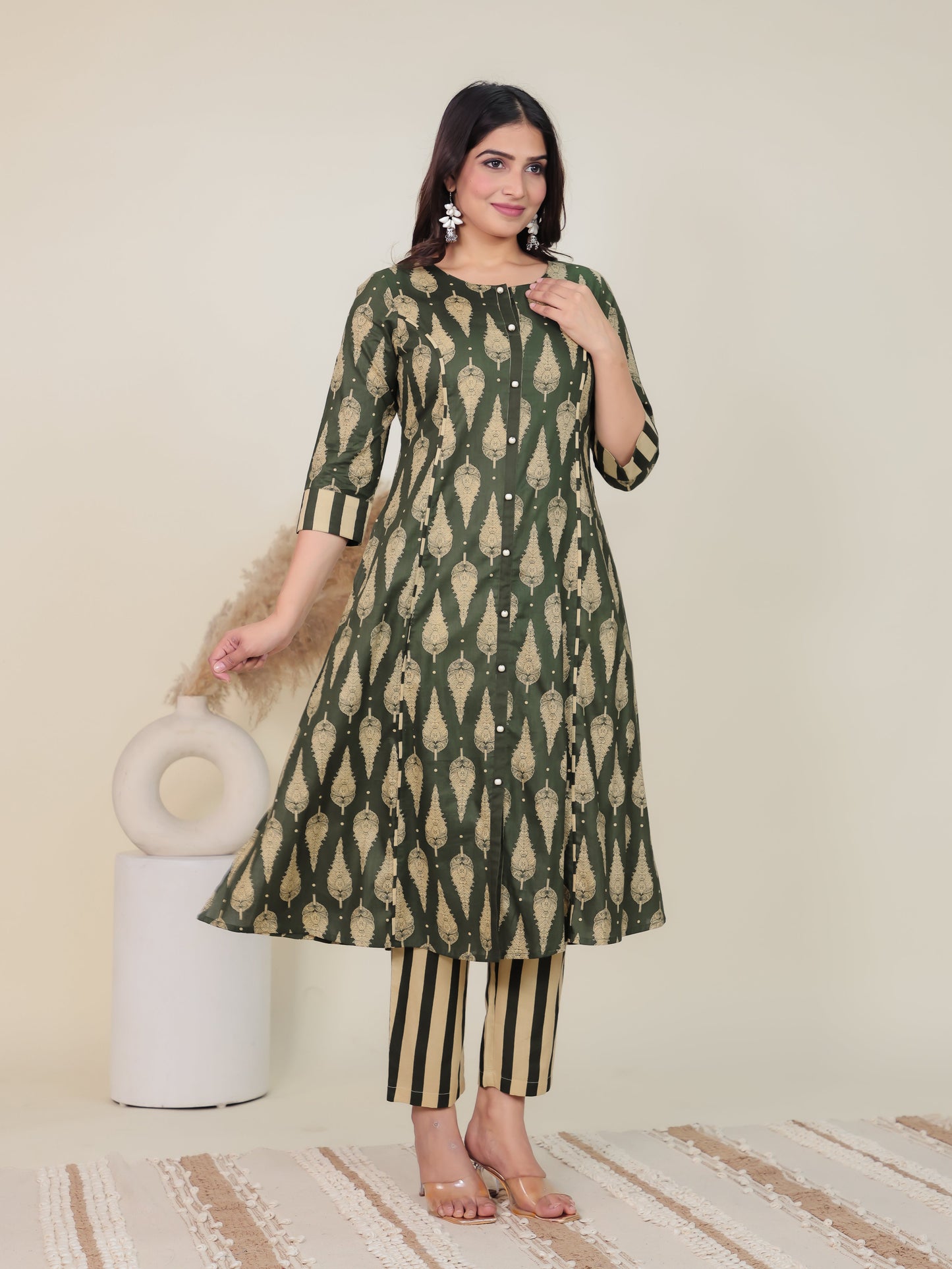 Soft Cotton Floral A-line Green Kurta