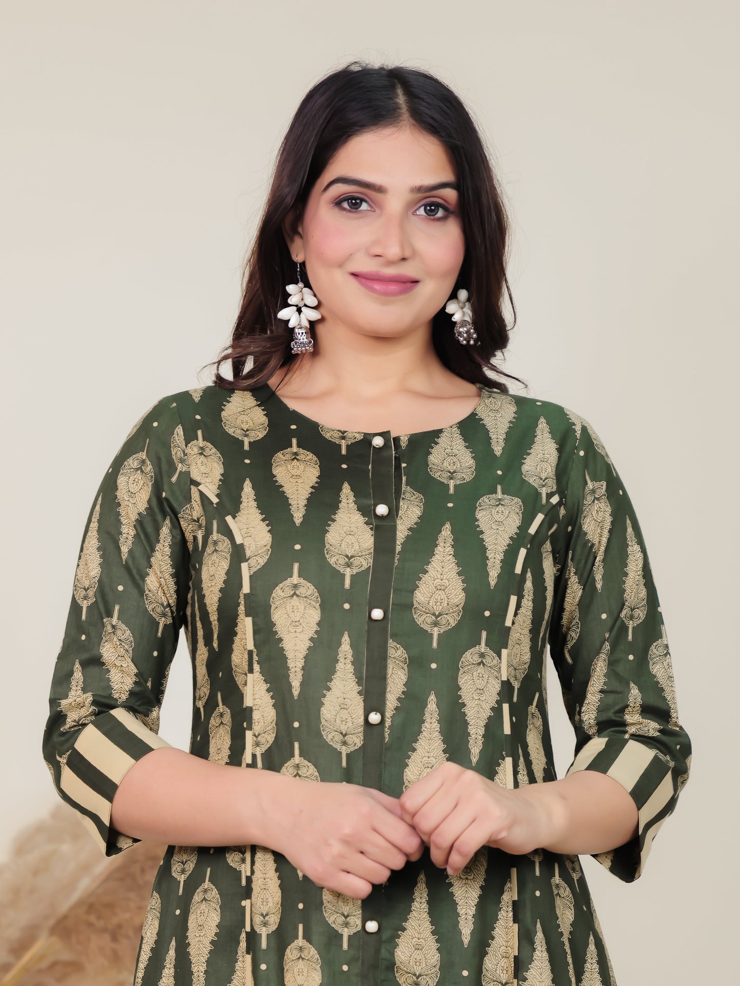 Soft Cotton Floral A-line Green Kurta