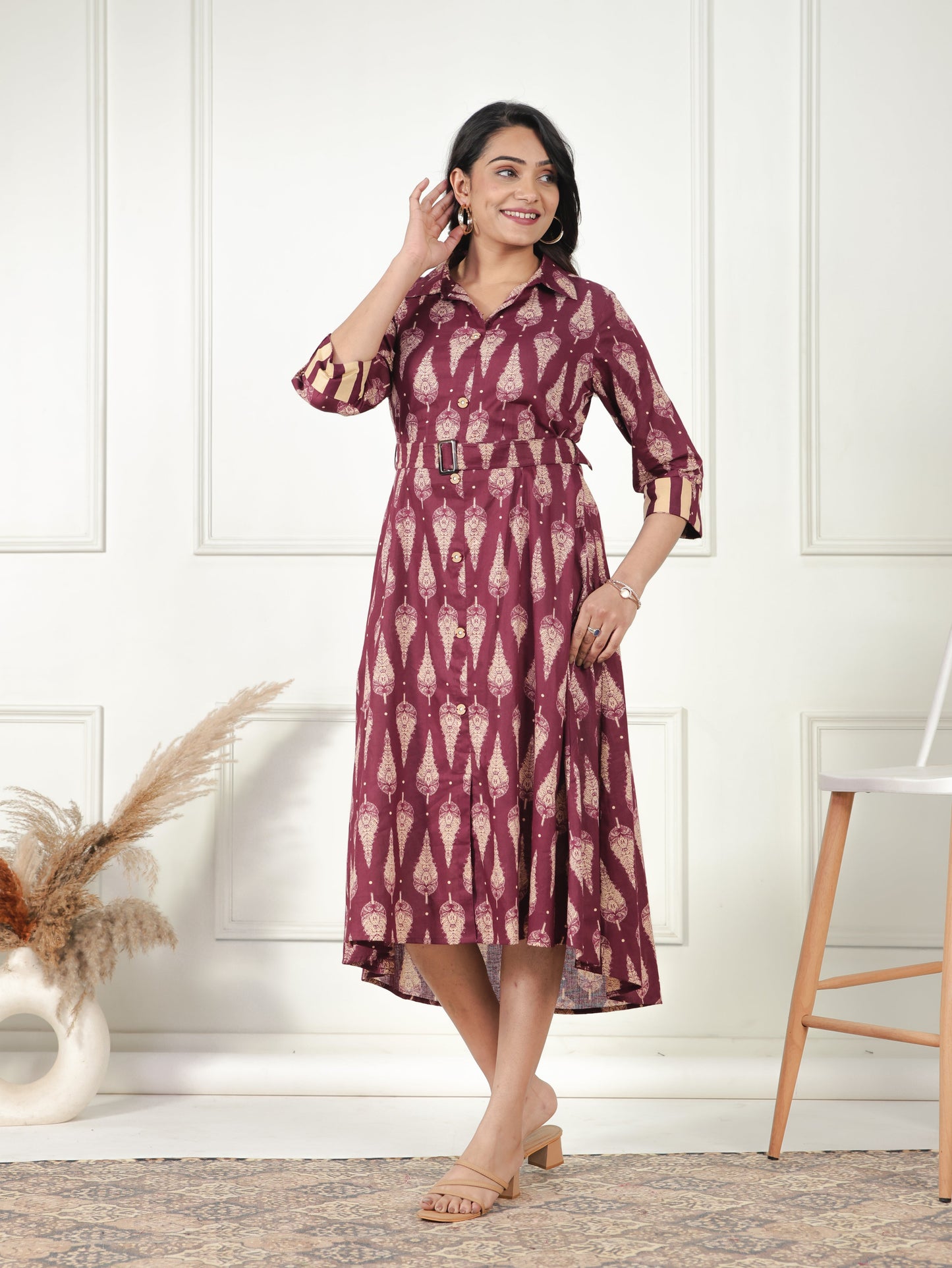 Soft Cotton Foliage Flared Purple Dress