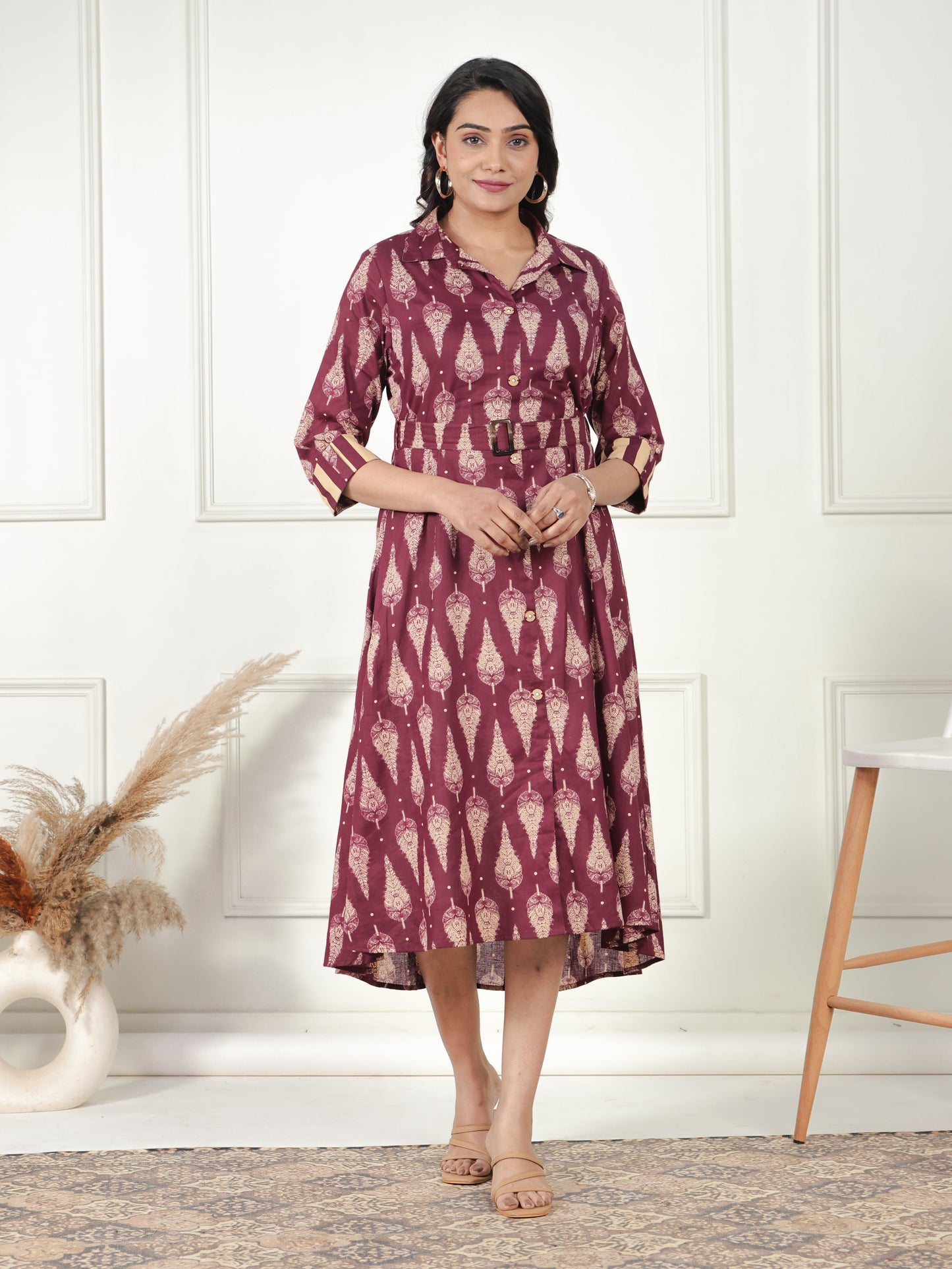 Soft Cotton Foliage Flared Purple Dress