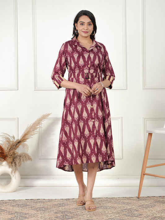 Soft Cotton Foliage Flared Purple Dress