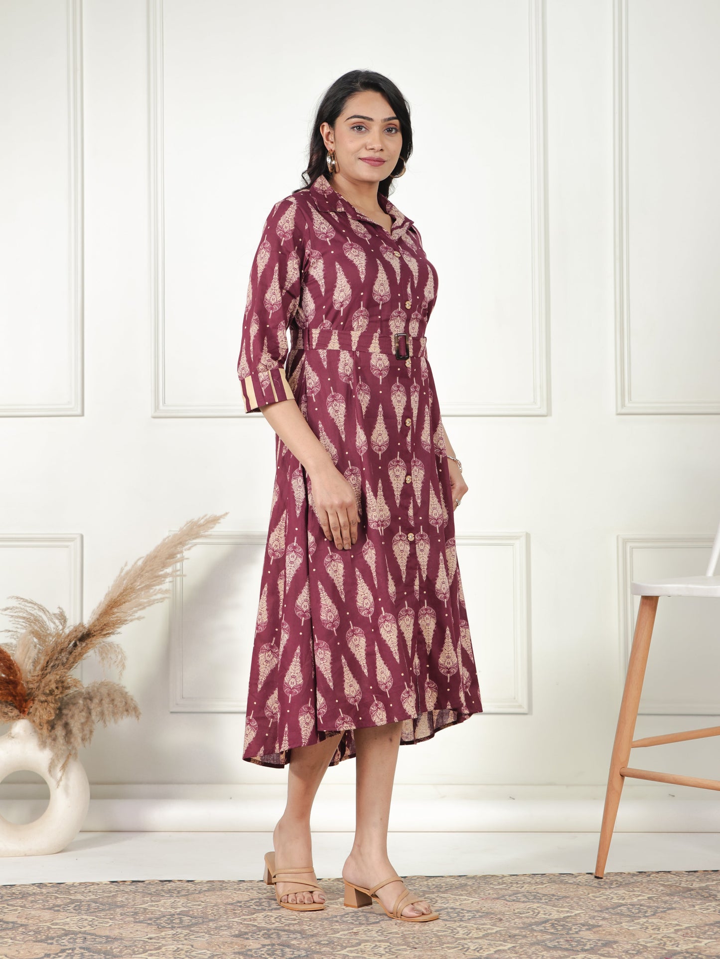 Soft Cotton Foliage Flared Purple Dress