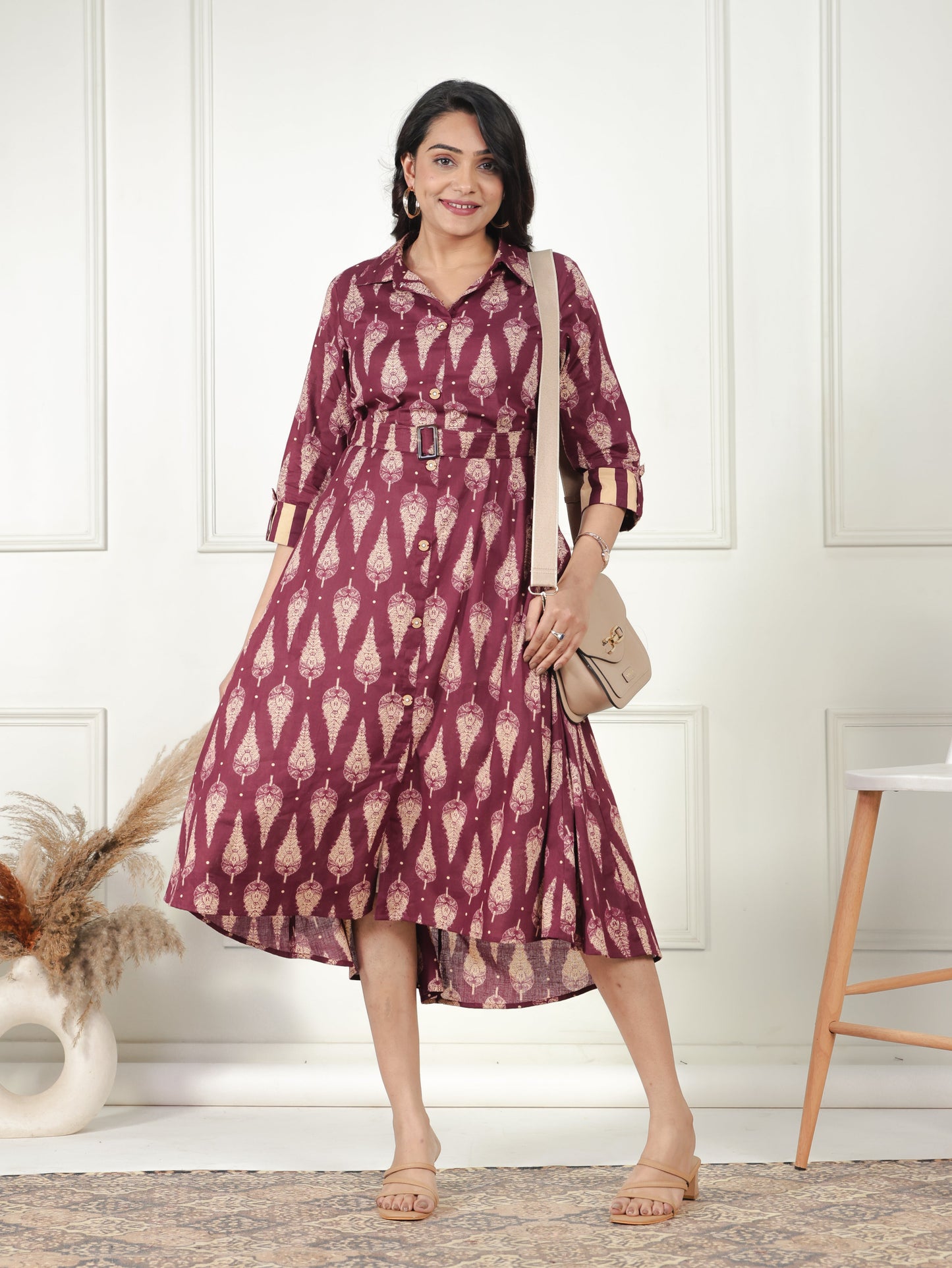 Soft Cotton Foliage Flared Purple Dress