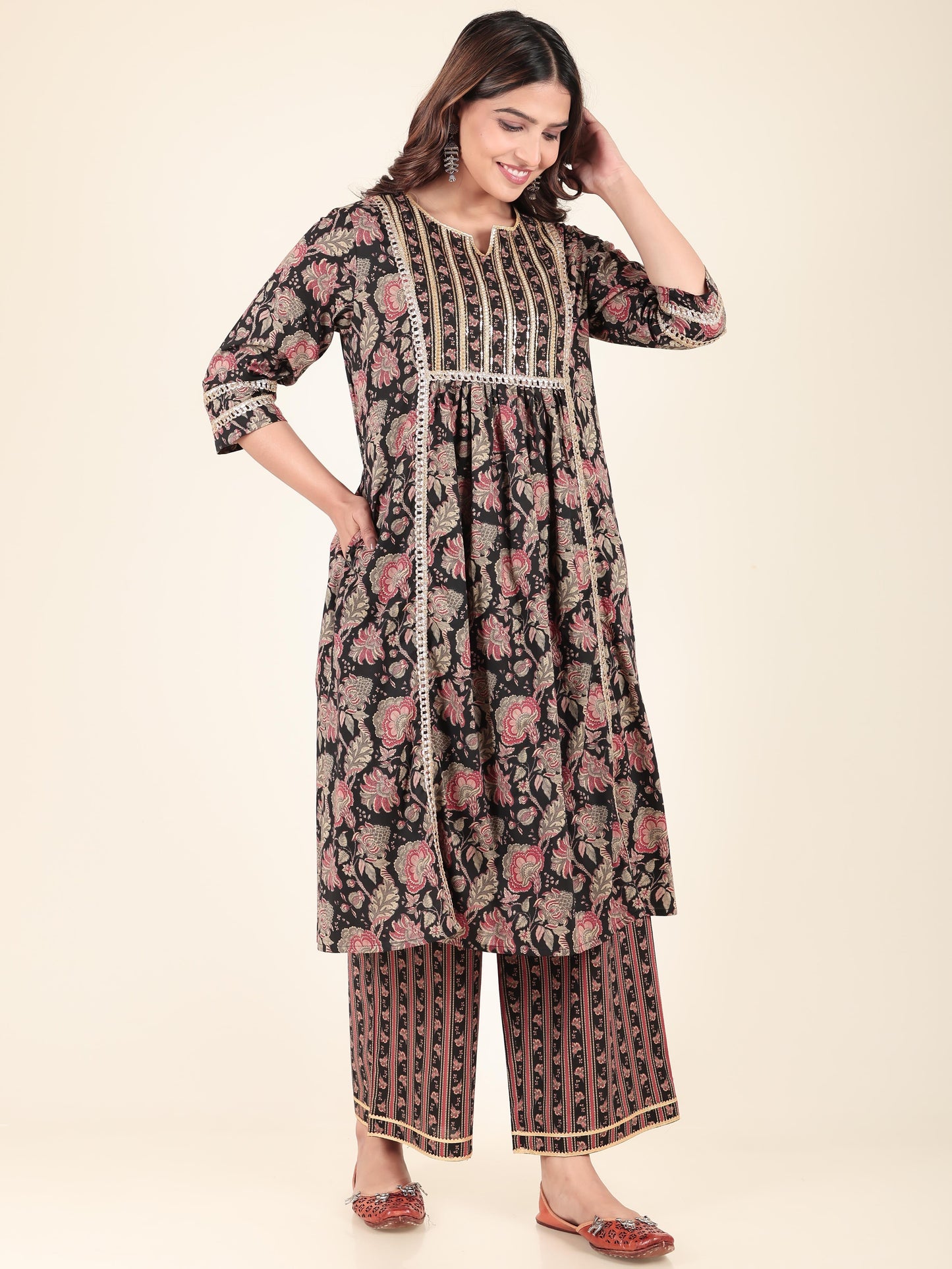 Soft Cotton Floral Panelled Black Kurta