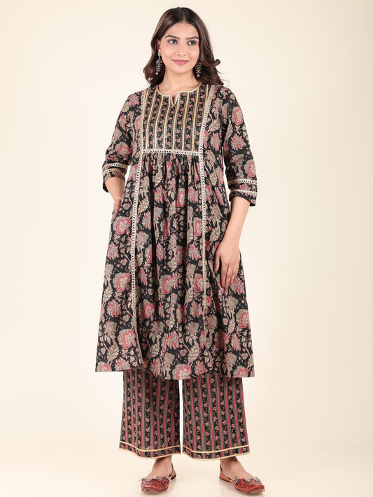 Soft Cotton Floral Panelled Black Kurta
