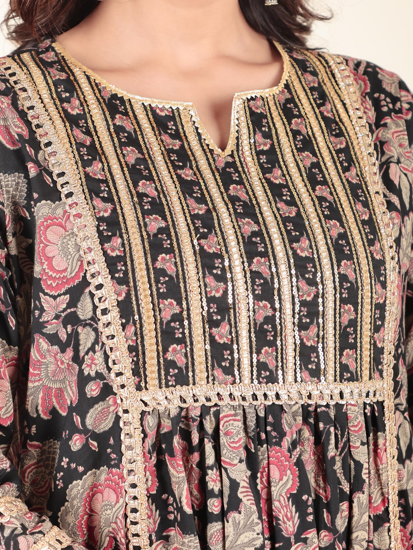 Soft Cotton Floral Panelled Black Kurta