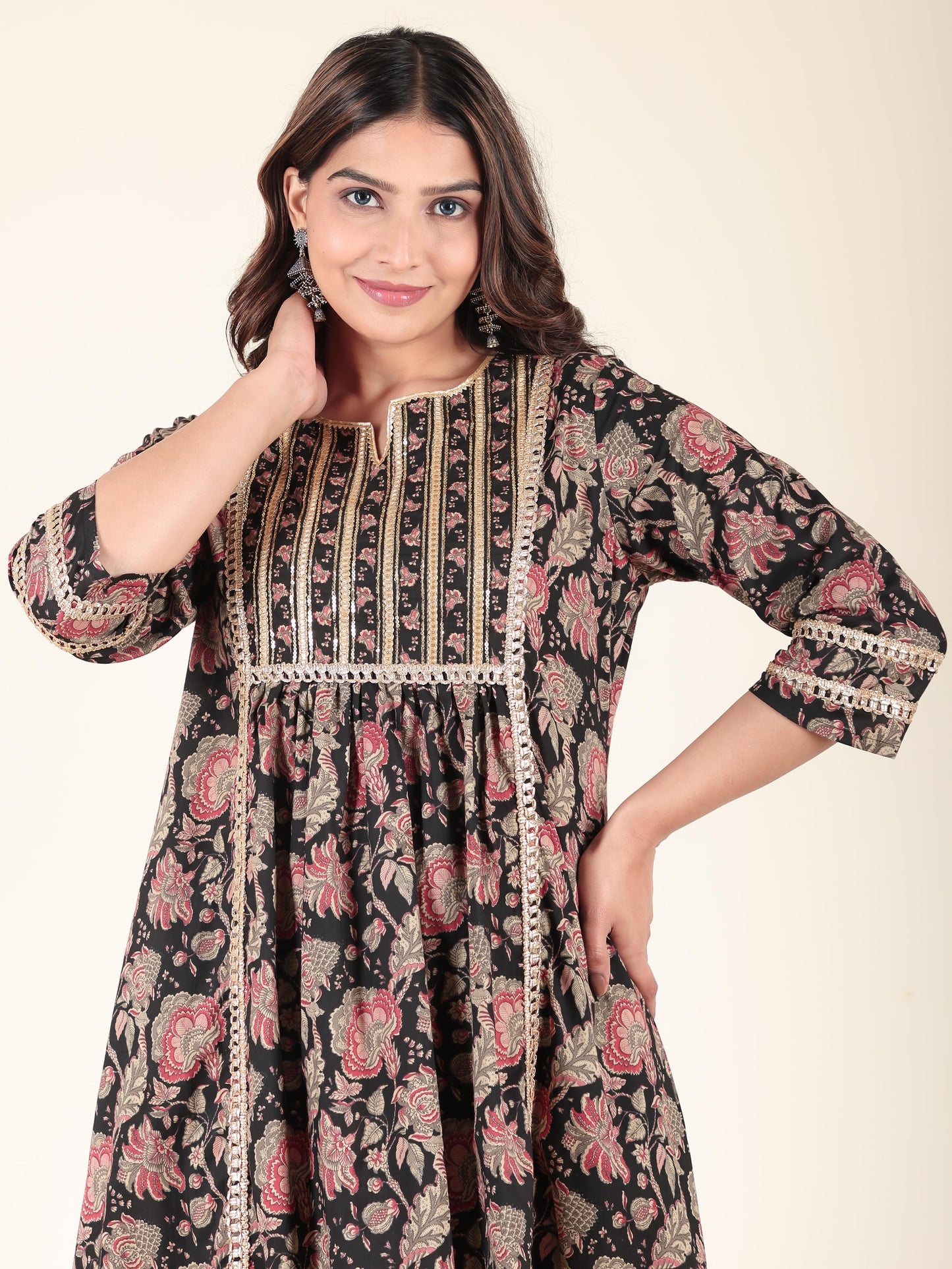 Soft Cotton Floral Panelled Black Kurta