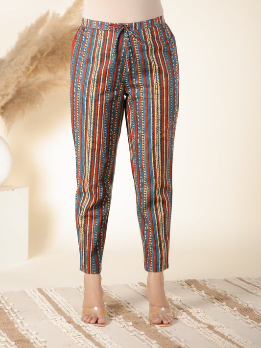 Soft Cotton Striped Green Tapered Trousers