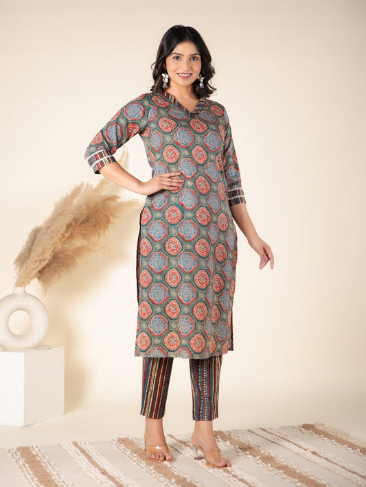 Soft Cotton Geometric Straight Green Kurta