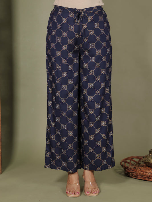 Embroidered Viscose Geometric Blue Palazzo
