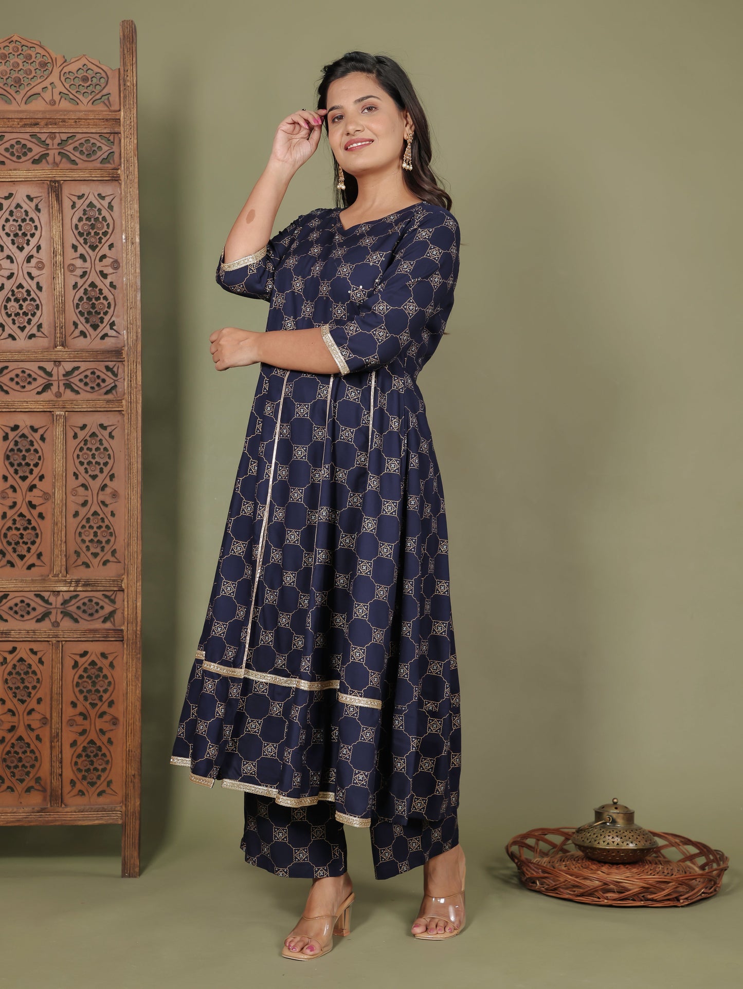 Embroidered Viscose Geometric Anarkali Blue Kurta
